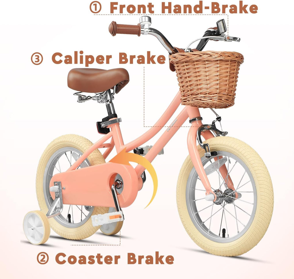 Petimini Vintage Kids Bike for Girls, 12–20 Inch Classic Bicycle with Wicker Basket & Bell, High Tensile Steel Frame, Training Wheels (12–18'), 85% Pre-Assembled, Retro Bike for Outdoor Riding