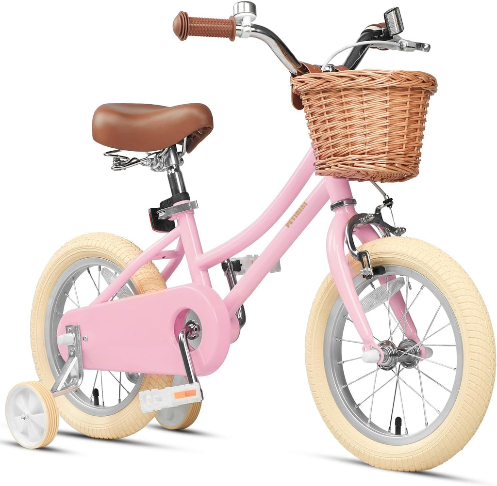 Petimini Vintage Kids Bike for Girls, 12–20 Inch Classic Bicycle with Wicker Basket & Bell, High Tensile Steel Frame, Training Wheels (12–18'), 85% Pre-Assembled, Retro Bike for Outdoor Riding