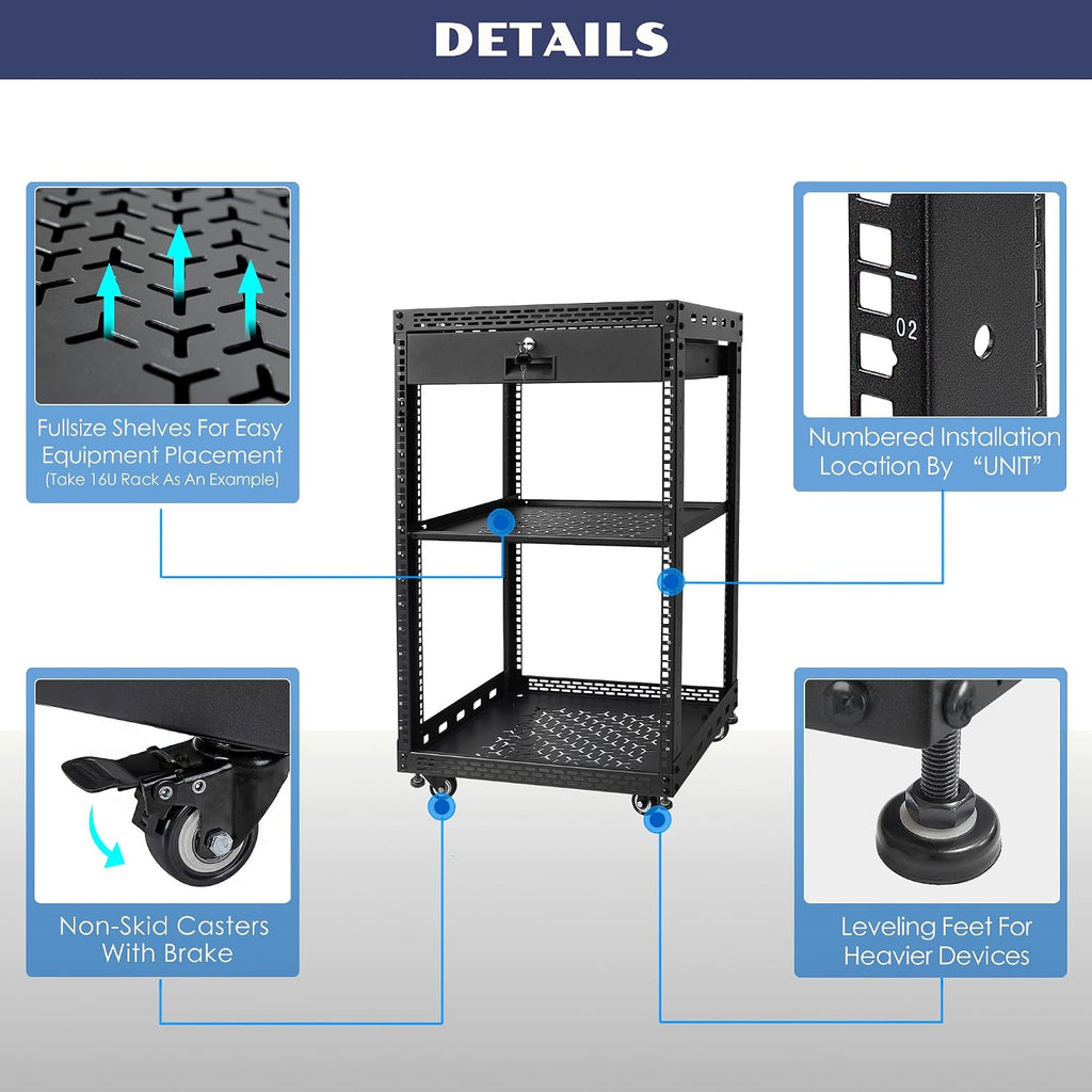 16U Server Rack Cabinet with Drawer & Full Size Rack Shelf - Integrated Top/Bottom Panels, 4 Rolling Wheels for 19' Equipment & Home Lab Studio