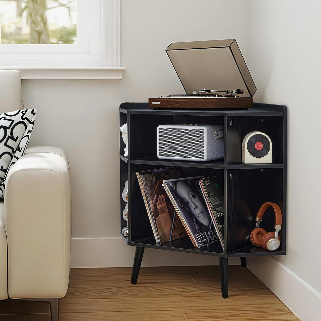 Corner Record Player Stand with Charging Station & USB Ports, 3 Tier Mid Century Modern Vinyl Record Storage Cabinet, Wood Turntable Stand for Music Room, Living Room, Small Space