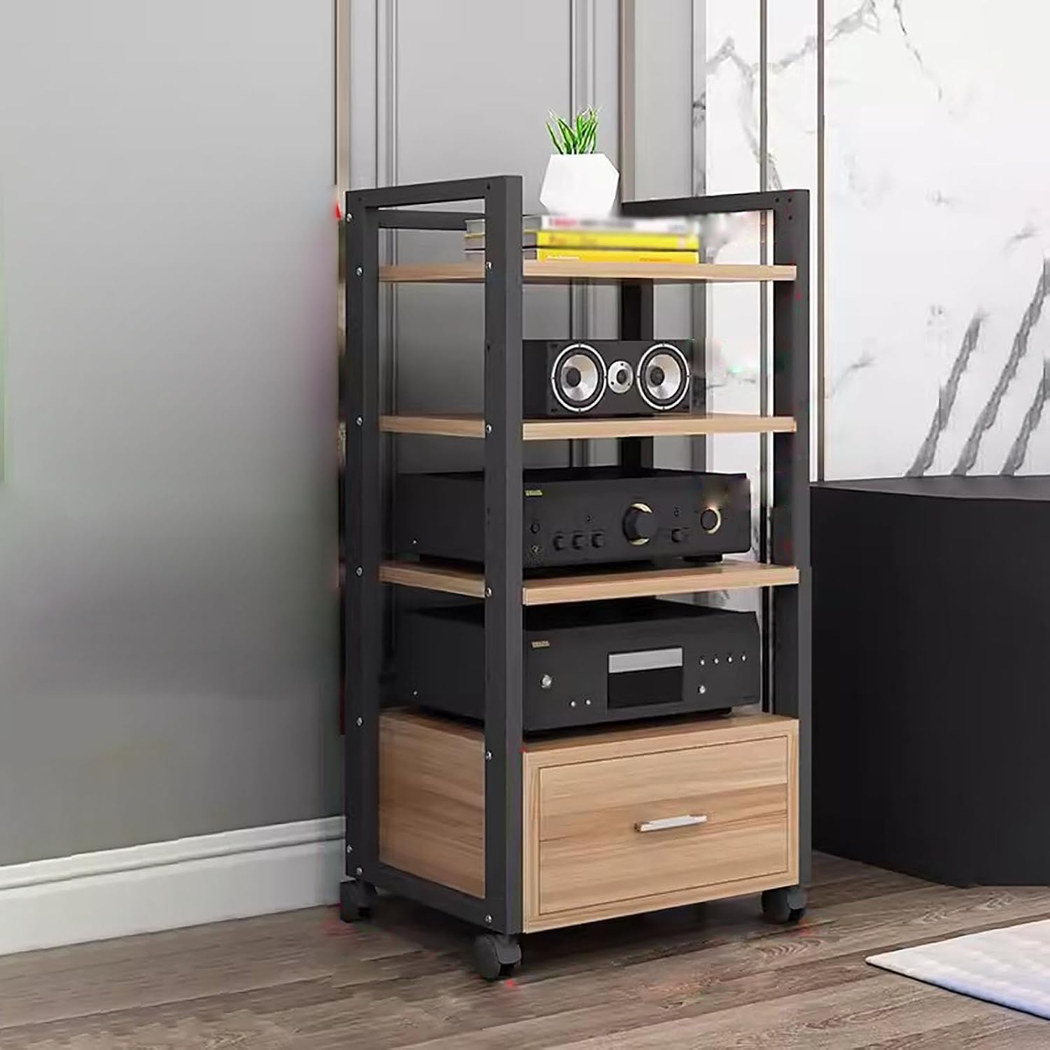 YLLFFLL AV Media Stand Corner Shelf - Rack Audio Tower with Adjustable Shelves - 79 100 120cm Tall Shelf Stand with Wheels - Audio Equipment Rolling Cart Rack Portable for Home(4Tiers-100cm Tall)