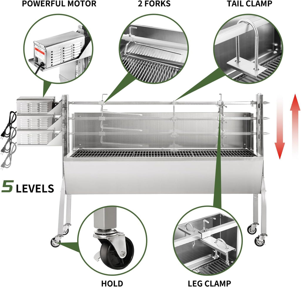 Kendane Rotisserie Grill Charcoal Spit Roaster, Stainless Steel 46' Pig Lamb Hooded Roaster Charcoal Spit with 30W Motor & Adjustable Height Lockable Casters for Party Barbecue, Rated 150 LB