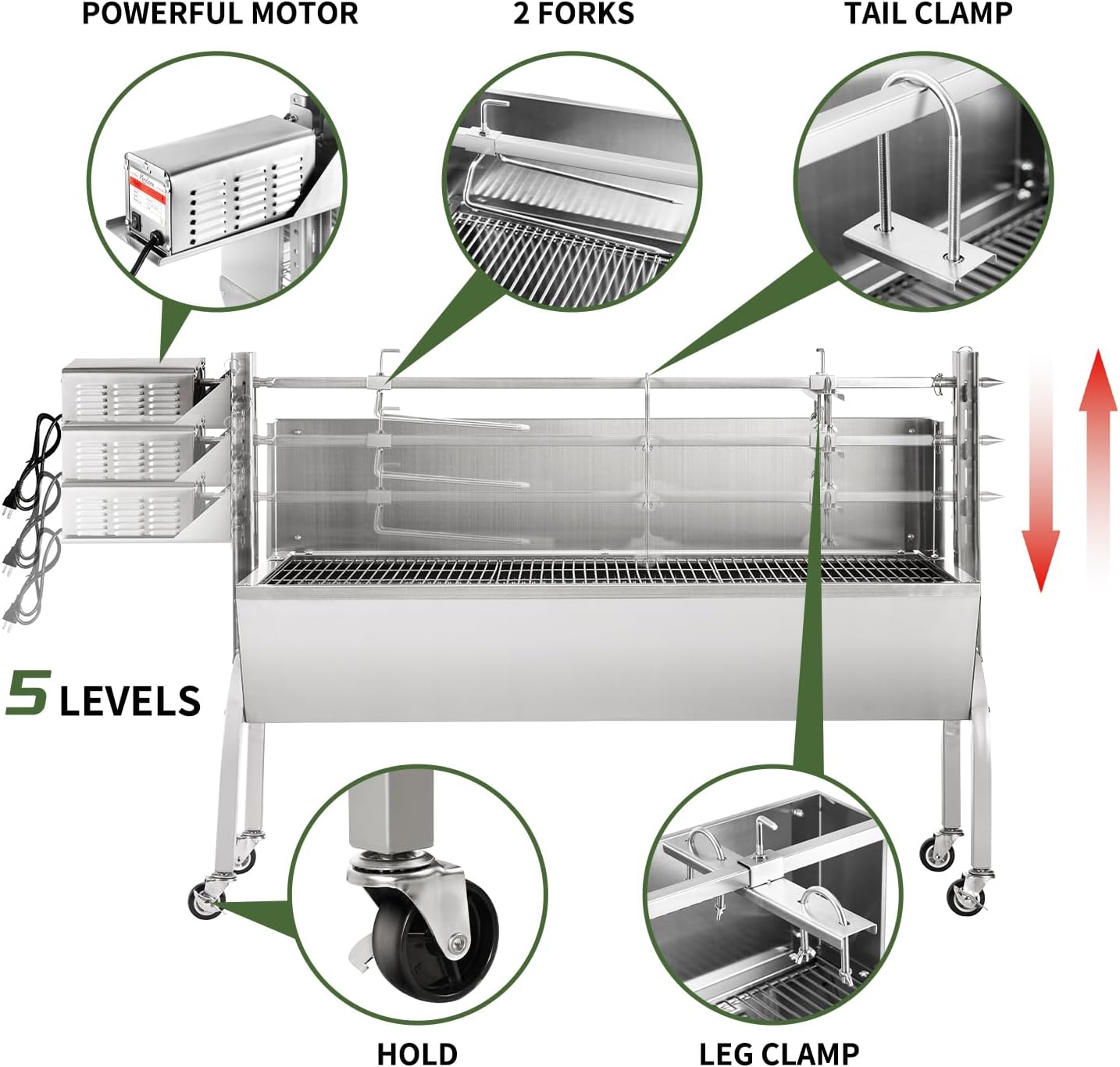 Kendane Rotisserie Grill Charcoal Spit Roaster, Stainless Steel 46' Pig Lamb Hooded Roaster Charcoal Spit with 30W Motor & Adjustable Height Lockable Casters for Party Barbecue, Rated 150 LB