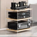Acrylic Media Stand, Audio Rack Shelf, Stereo Cabinet with Adjustable Shelves, High Border Media Storage Cabinet, Audio Component Rack Tower Media Stereo Stand Equipment Shelves(Clear+Log,3-