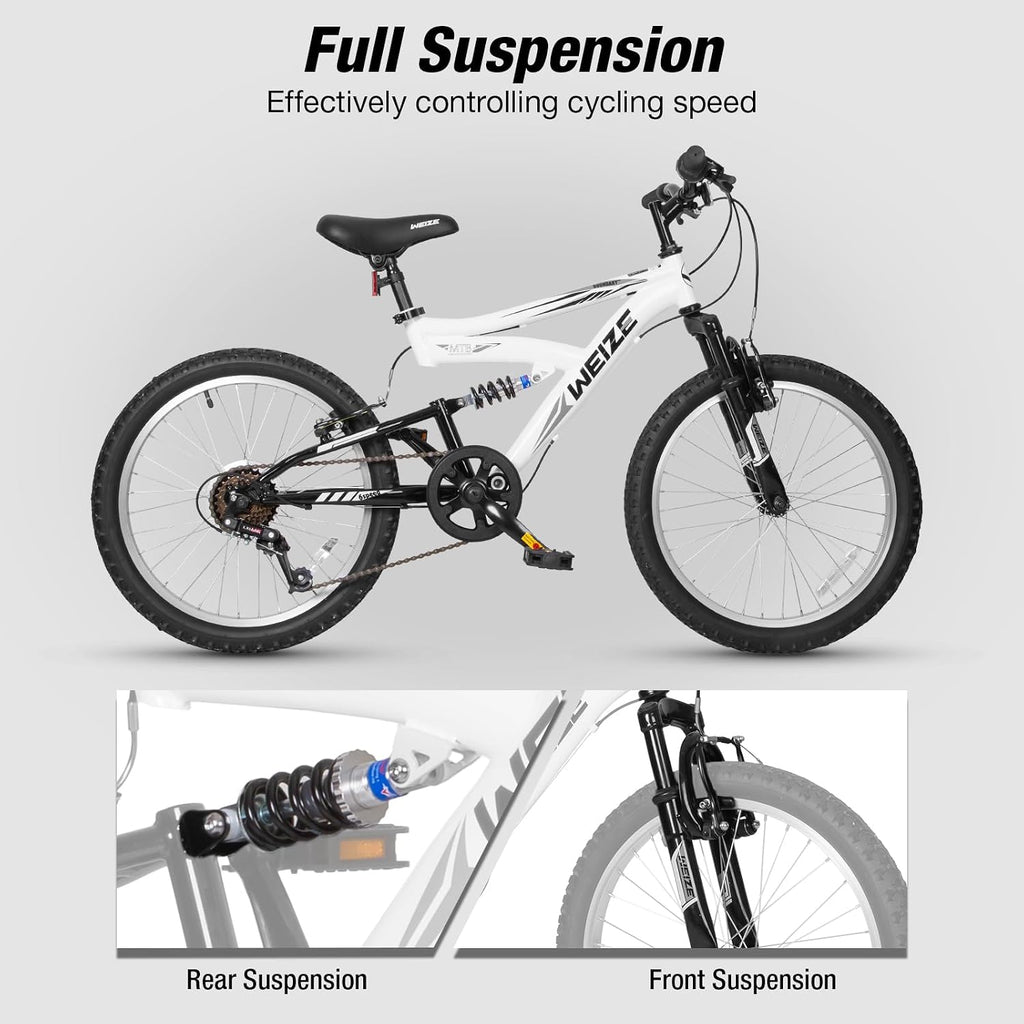 WEIZE Kids Mountain Bike, Kids' Bicycles for 6-14 Years Old Boys Girls with Dual Full Suspension, 6 Speeds Drivetrain, High-Carbon Steel Frame, Ideal for Young Riders and Adventurers