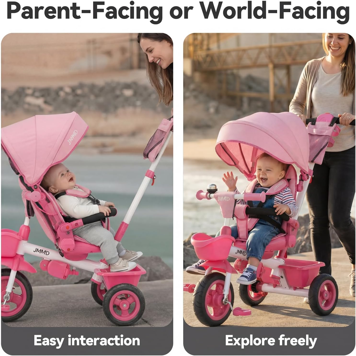 JMMD 7 in 1 Tricycle Stroller with Push Handle, Baby Trike with 360° Swivel Seat, Reclining Backrest, All-Terrain Wheels, Dual Brakes, Canopy & Storage, Gift for Kids 18 Months to 5 Years, Pink