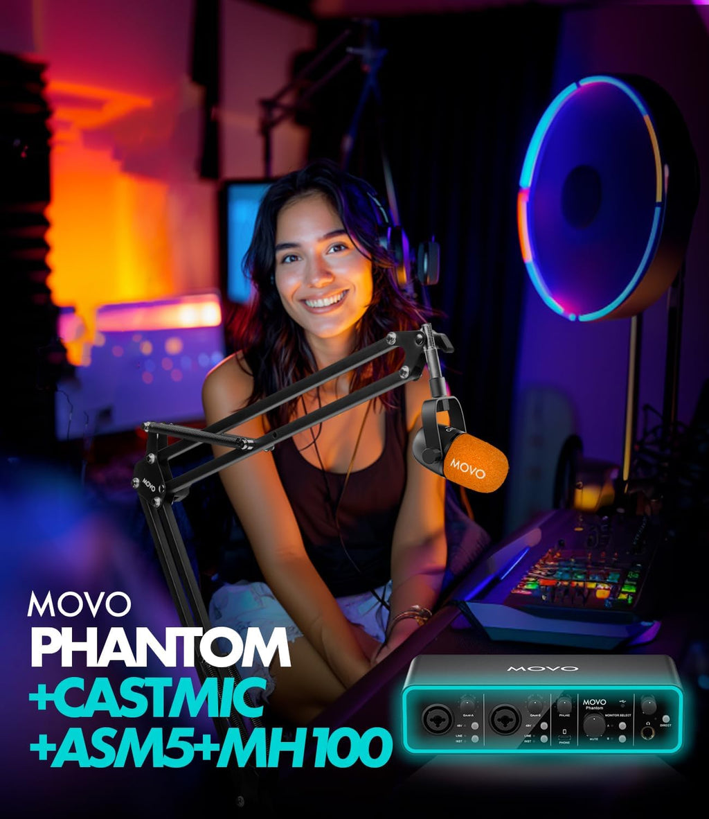 Movo Podcasting Equipment Bundle - Phantom USB Audio Interface, 2 CastMic XLR Dynamic Microphones, 2 Boom Arms and Headphones - Complete Studio Setup for Professional Podcasting and Streaming