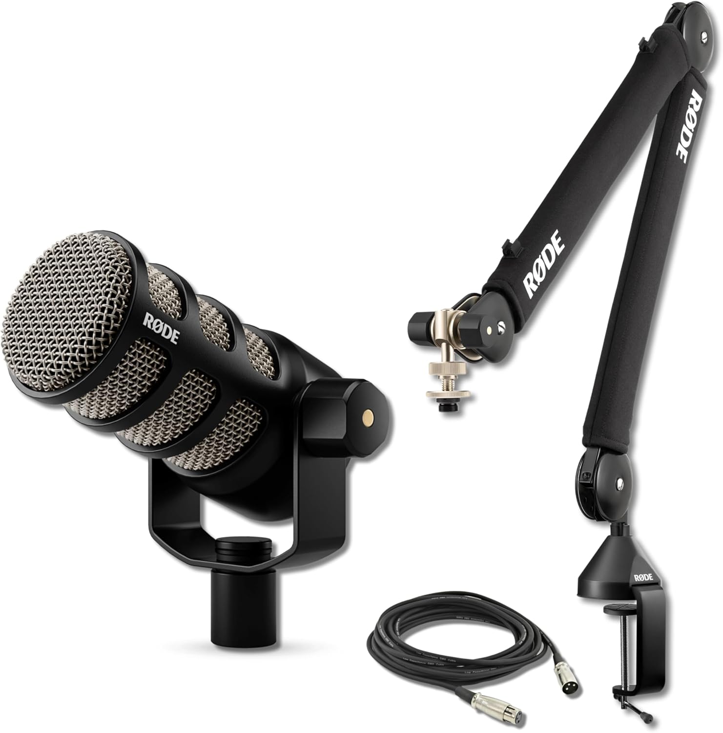 Rode PodMic Dynamic Podcast Microphone with Rode PSA1+ Boom Arm, XLR Cable and StreamEye Polishing Cloth
