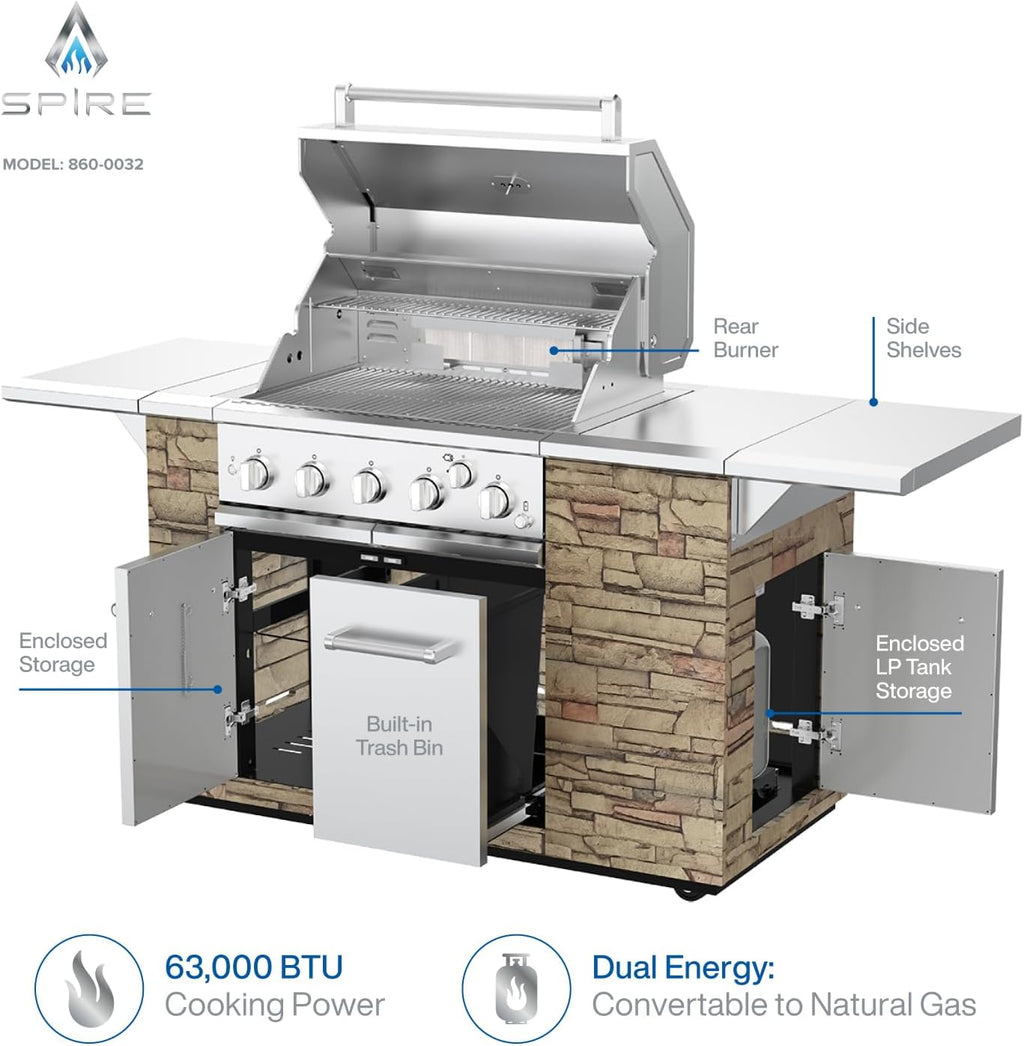 SPIRE Premium 5 Burner Built In Gas Grill Island Head, Stainless Steel 30 Inch Barbeque Grill with Rear Burner, 63,000 BTUs, 758 SQ In Racks, Propane Grill with Dual Fuel Compatibility – 860-0032