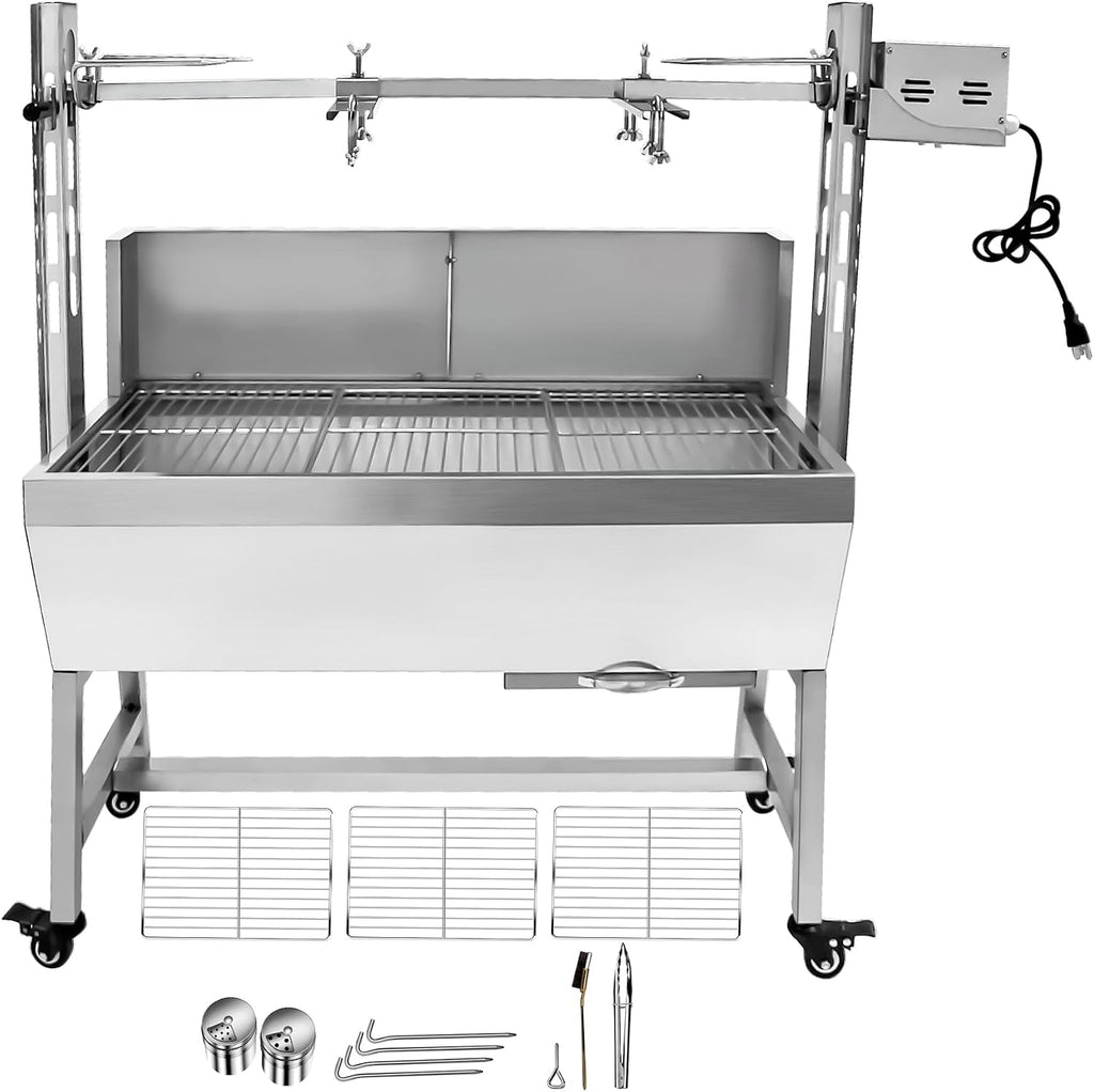 132LBS Stainless Steel Rotisserie Grill Roaster Small Pig Lamb with Back Cover Guard 25W Motor for Camping Outdoor BBQ Silver