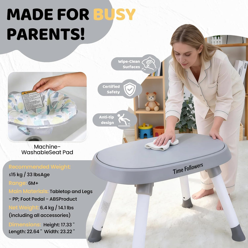 Time Followers® 6-in-1 Baby Activity Center | 4 Stage Montessori-Inspired Toys | Grow Stationary Standing Toddler Table | Jumpers & Bouncers | Must Have for Boy & Girl 6, 12, 24+ Month Old (Grey)