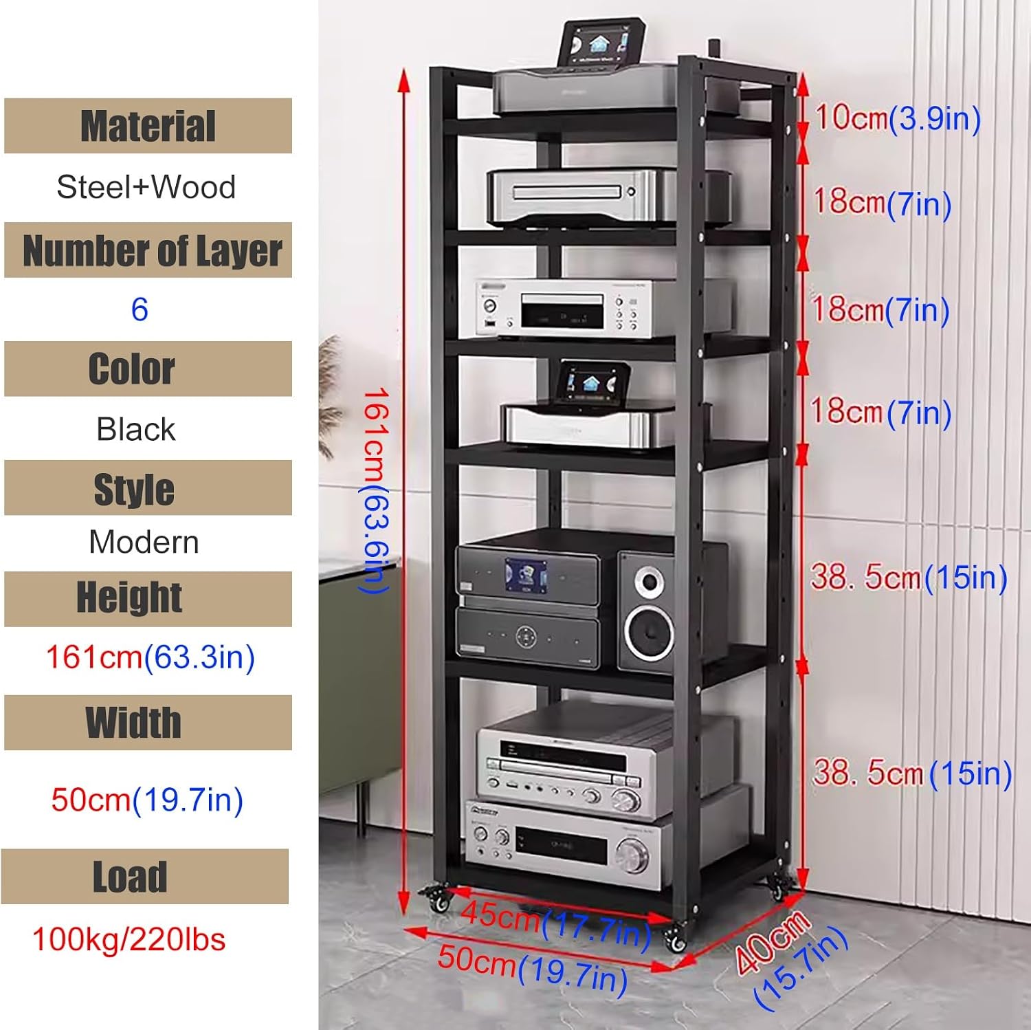 JYHHCYS Tall Stereo Racks and Stands on Wheels Media Storage Cabinet Rack, Black Modern Entertainment Stereo Components Stand, Audio Video Equipment Rack (Size : 6 tier-50cm Wide)