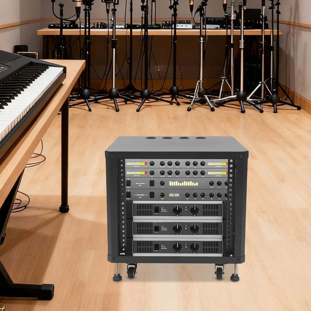 9U AV Rack with Wheels, Metal Studio Cabinet with Cable Ports, 22.4' x 19.7' x 21.8', Portable Home Studio Racks, Floor Standing Server Cabinet for Amplifiers, AV Equipment, Computers