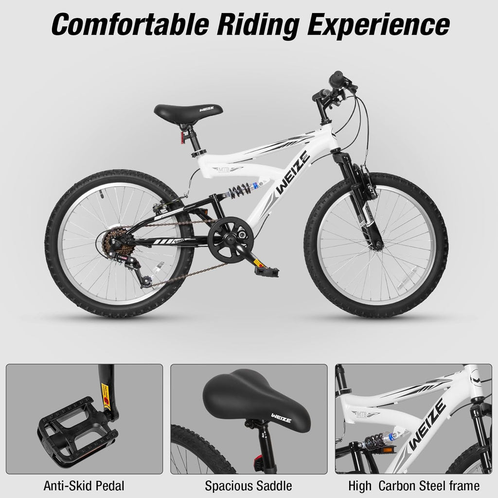 WEIZE Kids Mountain Bike, Kids' Bicycles for 6-14 Years Old Boys Girls with Dual Full Suspension, 6 Speeds Drivetrain, High-Carbon Steel Frame, Ideal for Young Riders and Adventurers