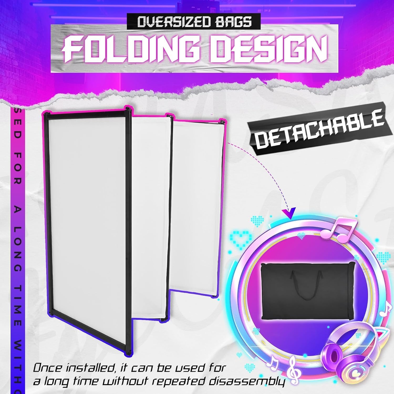 HECASA DJ Facade Booth Portable Event Cover Screen, Black Steel Frame, 4 White Foldable Detachable Panels Light Projector Display Scrim Panel White w/Carry Bag