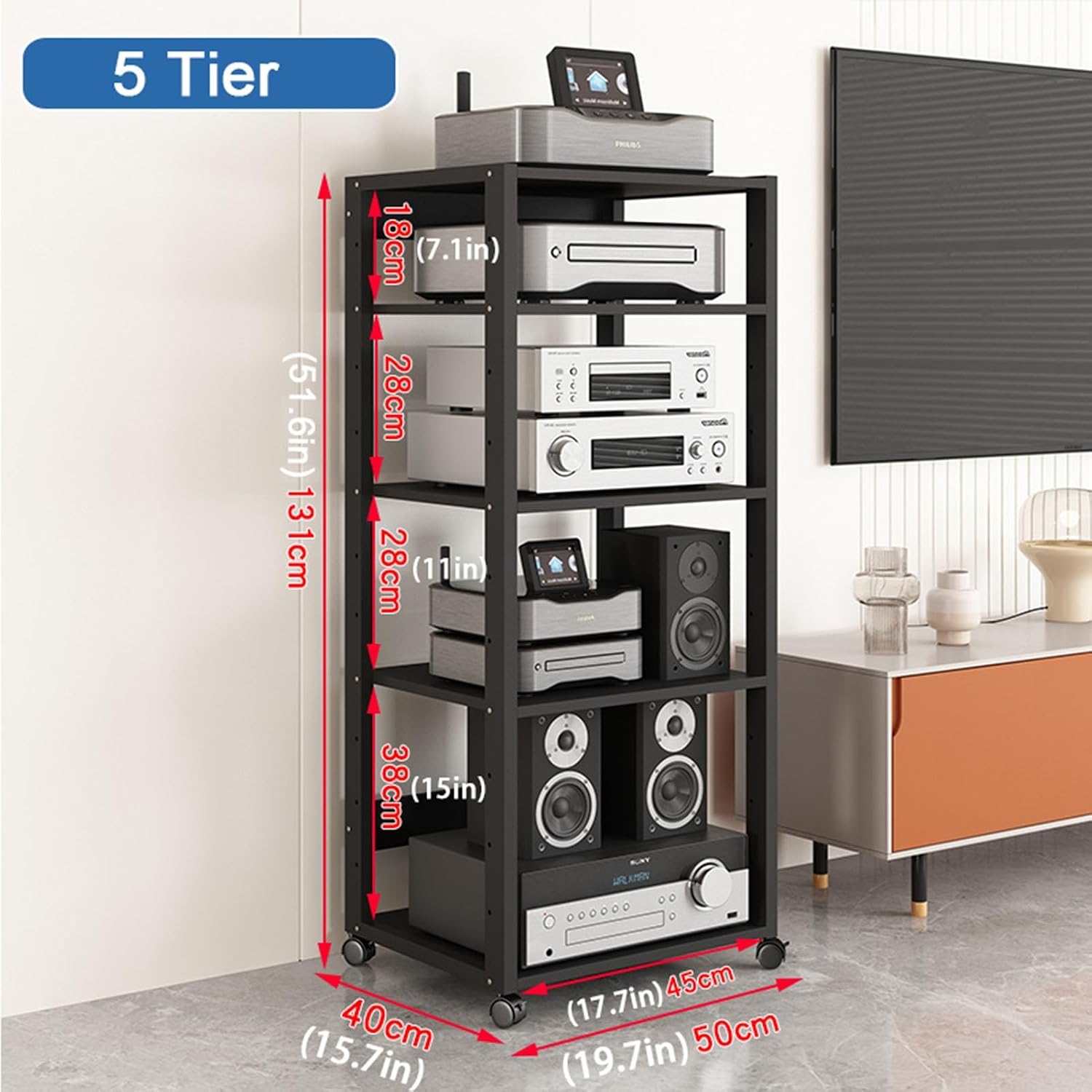 SOBS 5/6/7-Tier AV Media Stand Audio Rack CD Player Stand Stereo Component Storage Cabinet with Height Adjustable Wooden Shelf for Home/Office/Theater, 50x40x131cm (Color : 5 Tier)