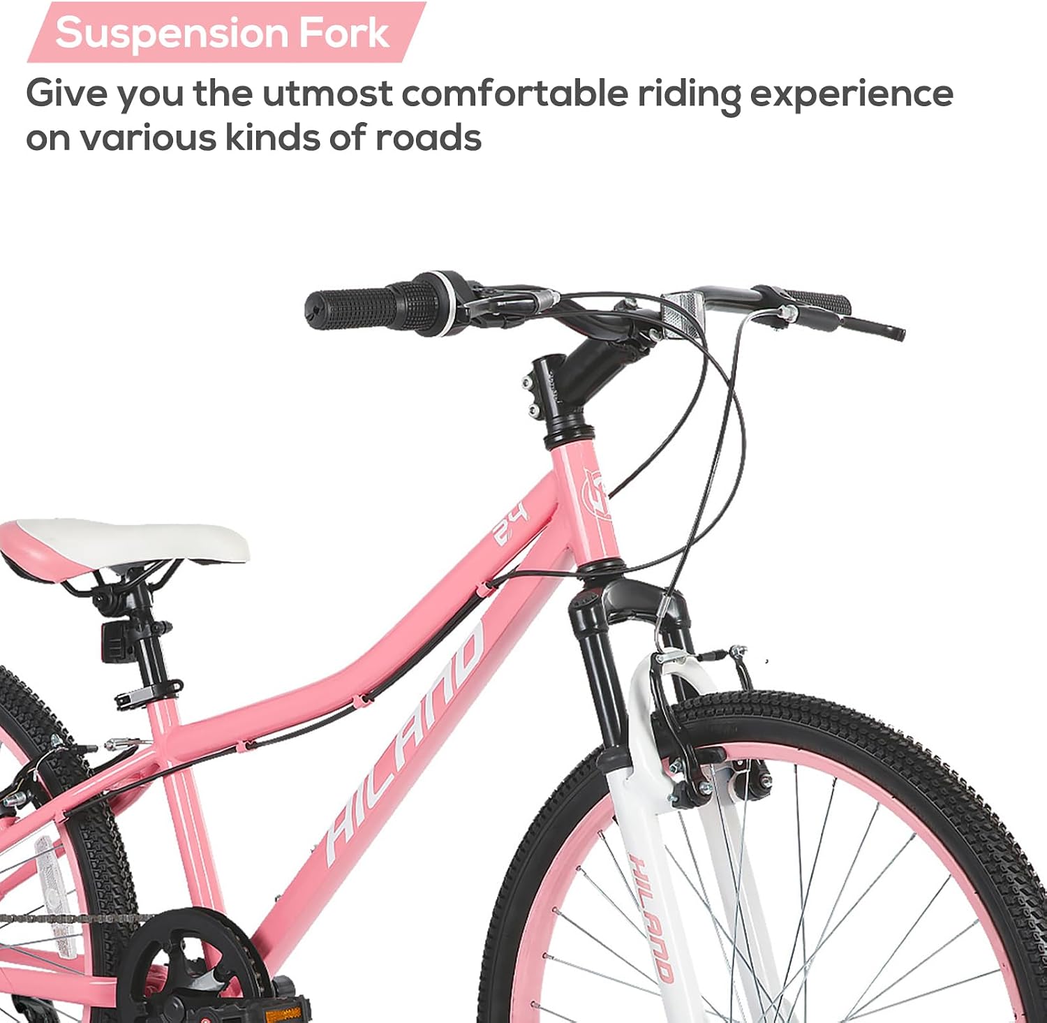 HILAND 24 Inch Kids Bike for Boy Girl Age 7-15 Year Old, Youth Mountain Bike, 7-Speed Kid's MTB Bicycles, Pink