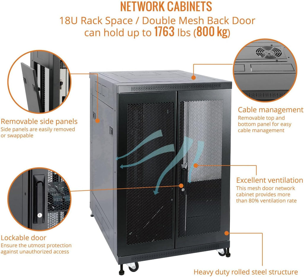 Tecmojo Fully Assembled 18U Network Cabinet AV Rack Enclosure with Casters/Locking Doors with Dual Fan, PDU and Cantilever Shelf (31.5inch DEEP Mesh Door)