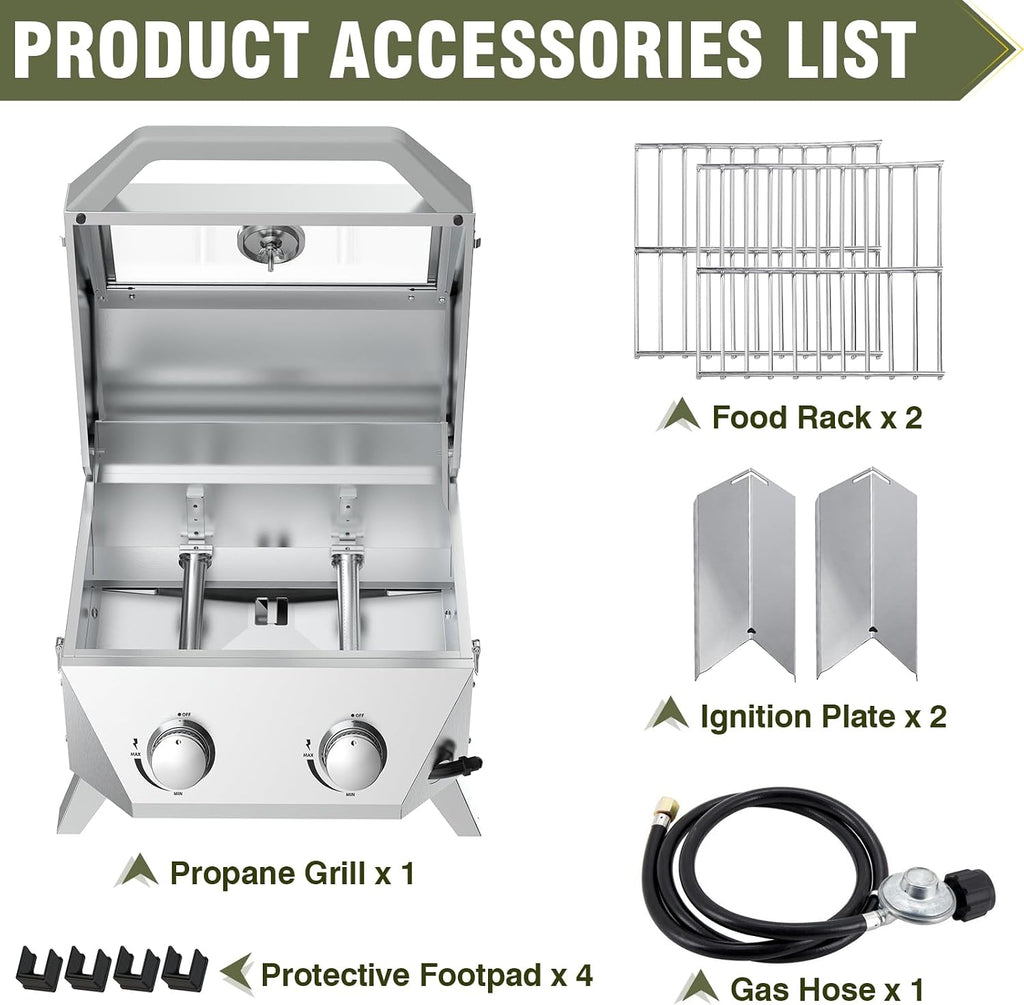 BESTFIRE Tabletop Gas Grill with 2 Burners & Viewing Glass Lid, 20,000 BTU Stainless Steel Portable BBQ Grill with Thermometer, Push-Button Ignition for Outdoor Patio, Camping, RV, Tailgating