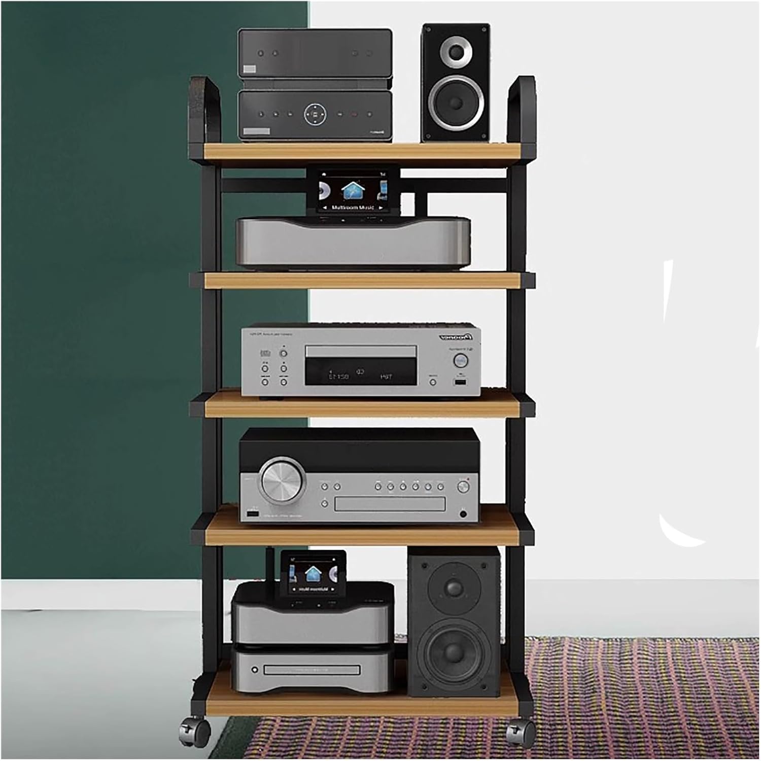 Audio Component Rack Tower Media Stereo Stand Equipment Shelf with Wheels, 3/4/ 5 Layer Steel Heavy Duty Home Entertainment System Organizer Holder (5 Tier c)