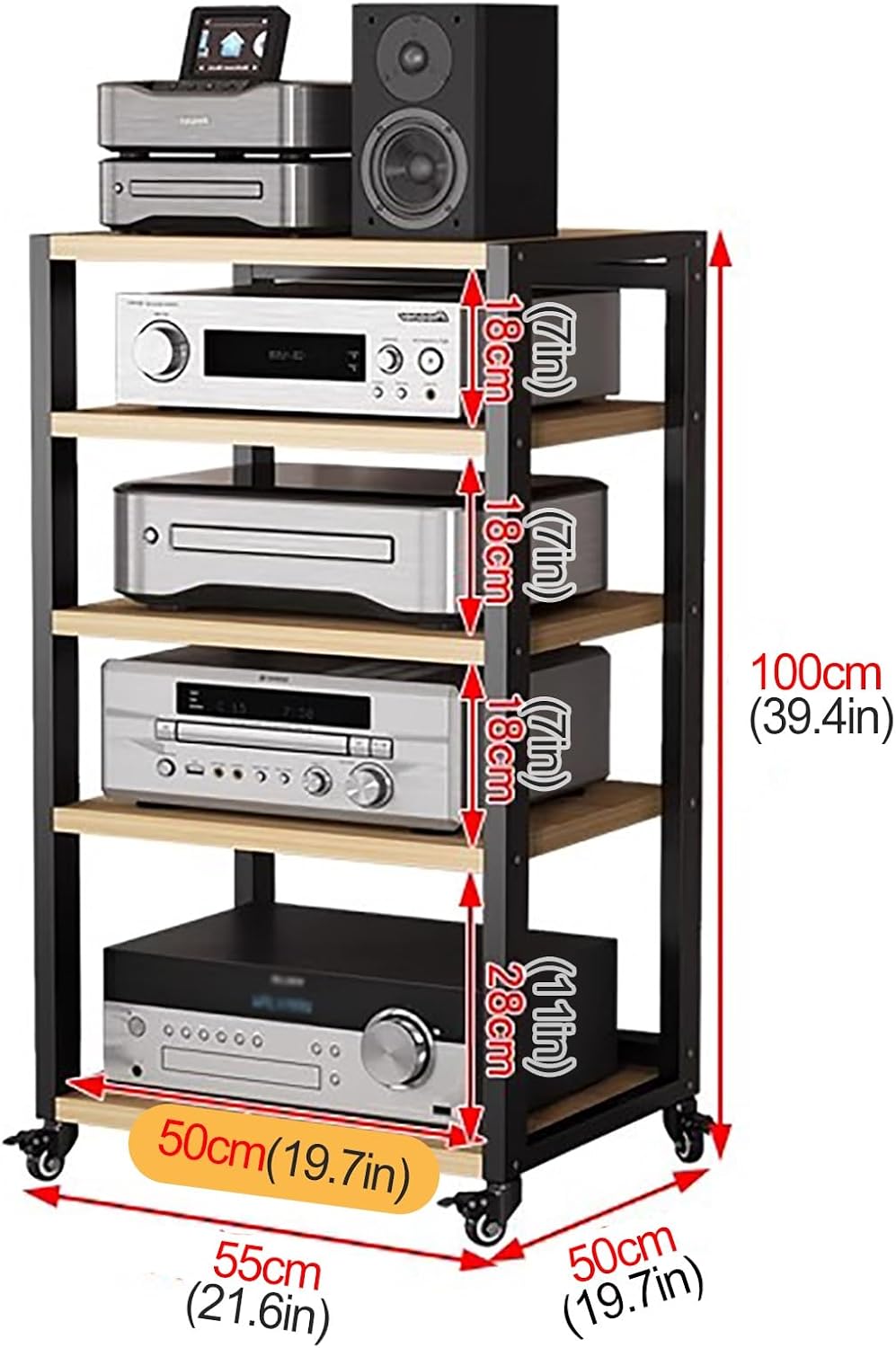 Rolling Audio Component Rack Tower Media Stereo Stand Equipment Shelf, Home Commercial Corner Entertainment Center, Stereo Shelf HiFi Audio Systems, 5 tier-100cm Tall