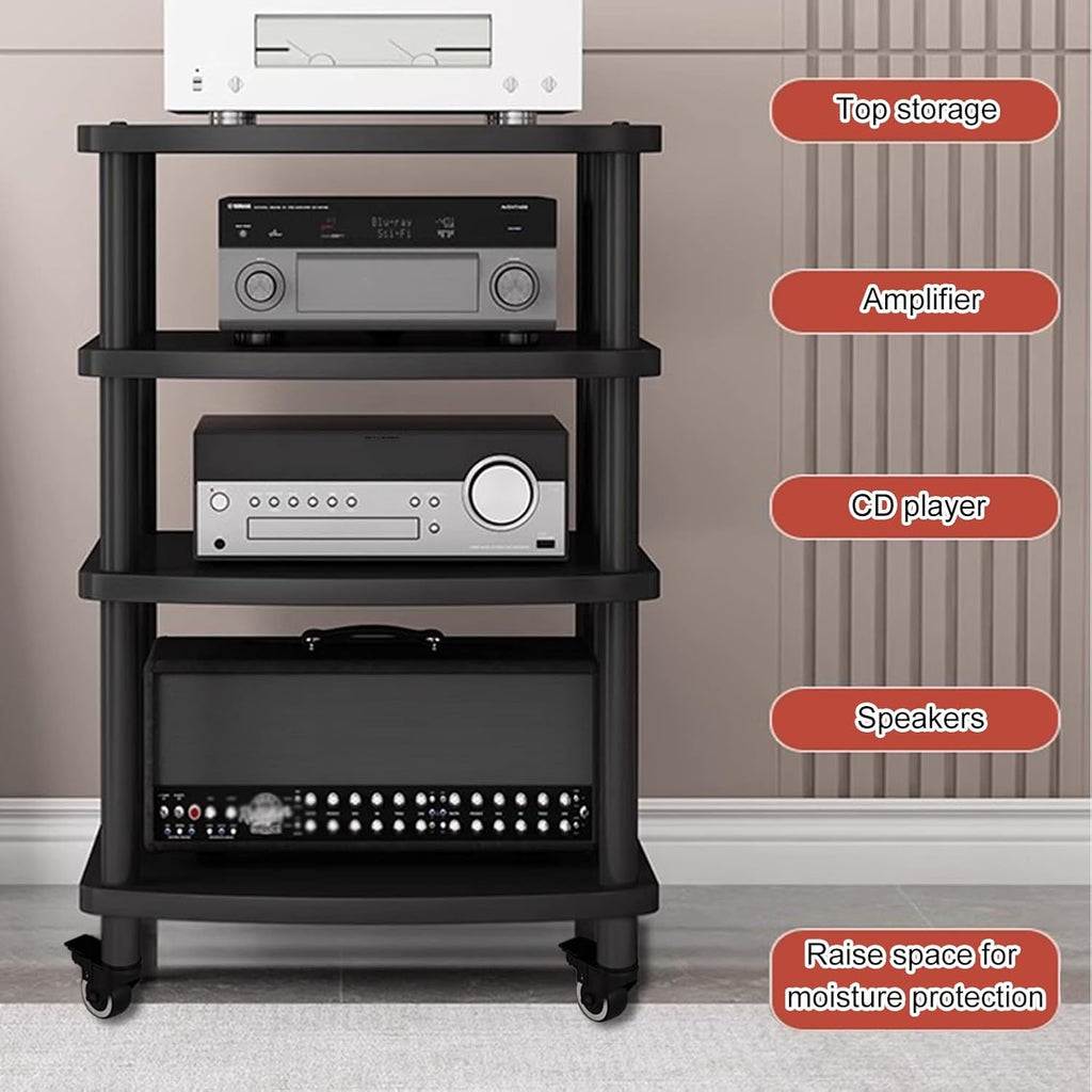 3-Tier Audio-Video Media Stand with Wheels, Home Stereo Entertainment Equipment Storage Cabinet for Meeting, Living, Recording Room(Black)