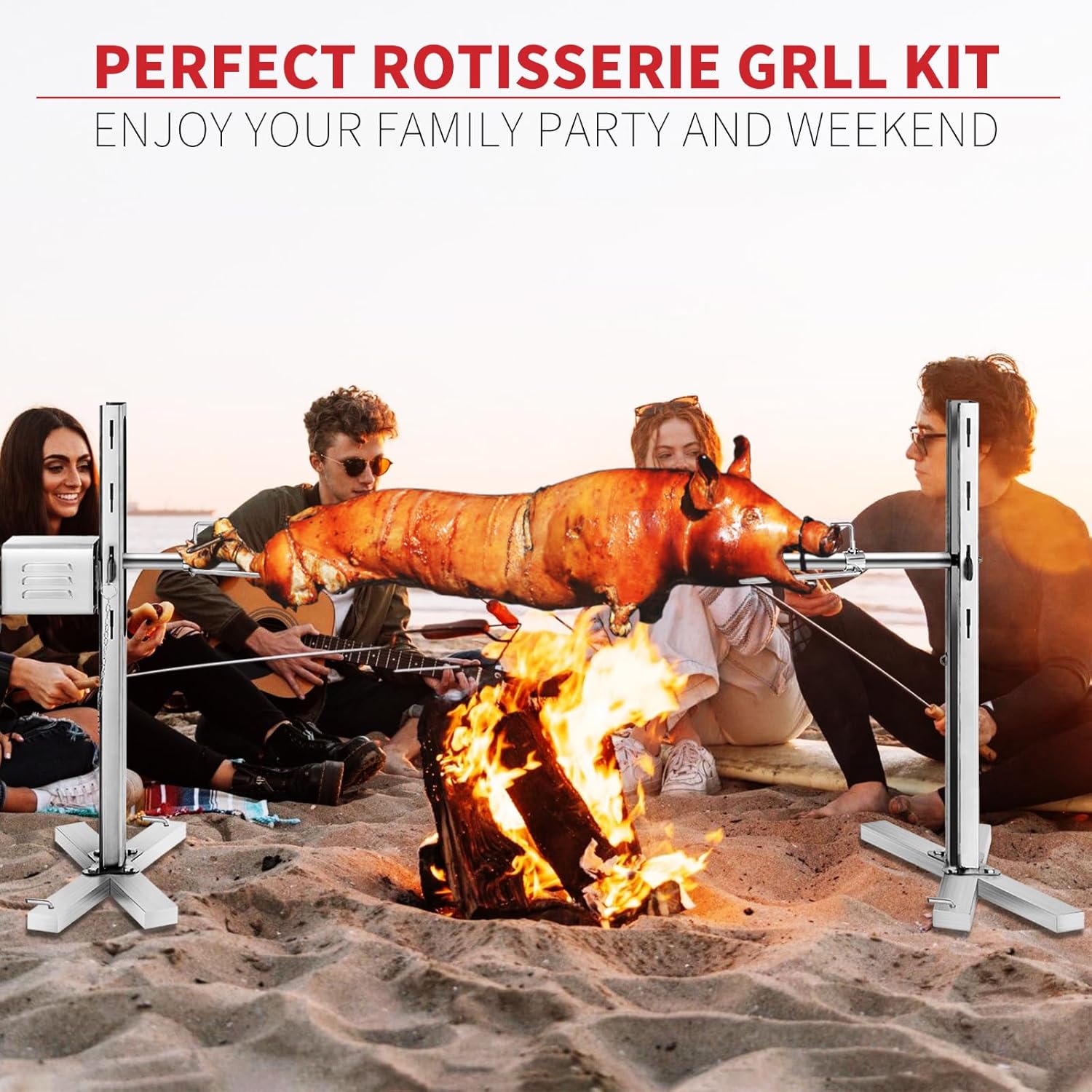 Kendane Electric Rotisserie Grill Kit, 90LBS Pig Spit Rotisserie, Stainless Steel Tripod Stand, 52' Pig Lamb Hooded Roaster, Charcoal Spit with 15W Motor & Height Adjustable for Camping
