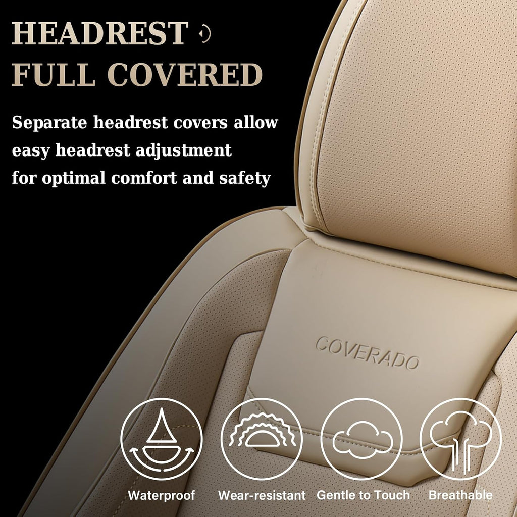 Coverado Car Seat Covers Full Set, Waterproof Car Seat Protector, Leather Seat Cushion, Universal Car Interior Covers Seat Protectors for Most Cars Beige