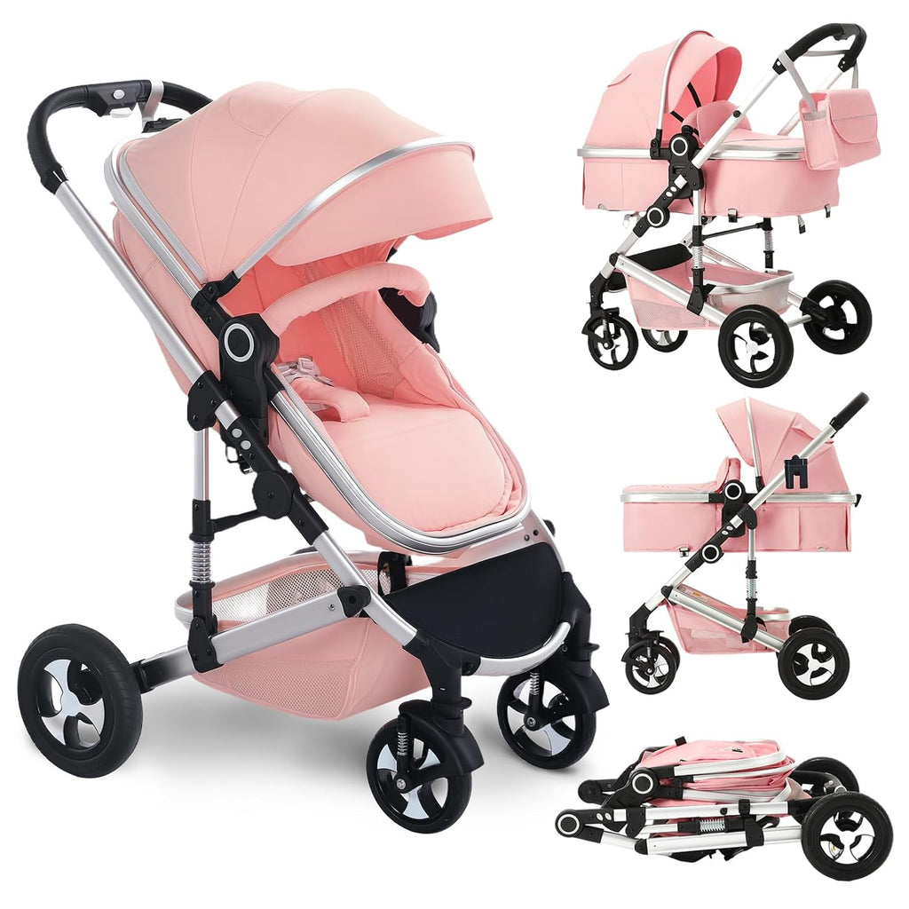 TODEFULL Convertible Baby Stroller, 3 in 1 Folding Infant Stroller, High Landscape Pushchair w/Adjustable Backrest & Canopy, Newborn Pram with Foot Cover, Storage Basket, Pink