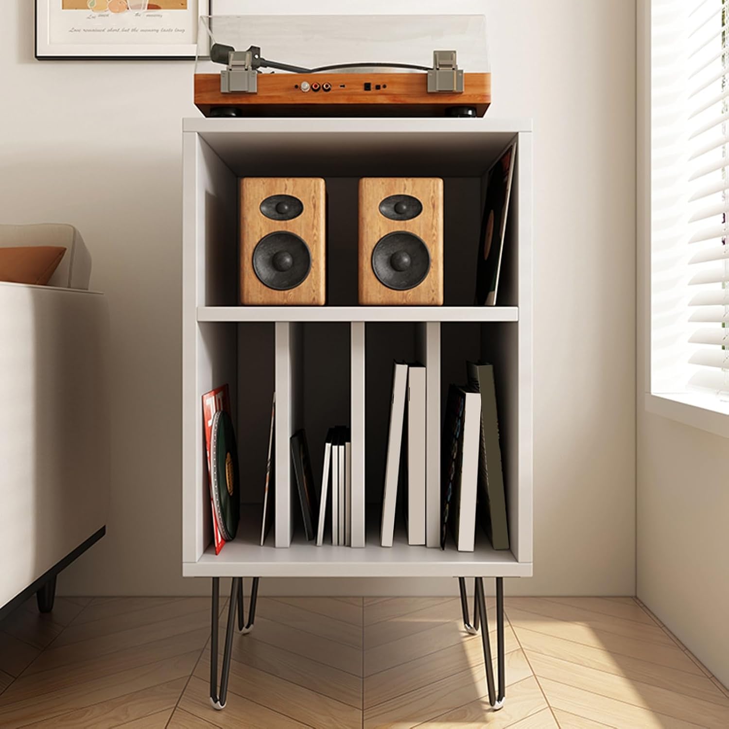 Modern AV Stereo Cabinet & Audio Rack, White Record Player Stand, Media Shelf Storage for Home Office Theater, Stylish Entertainment Center Furniture.