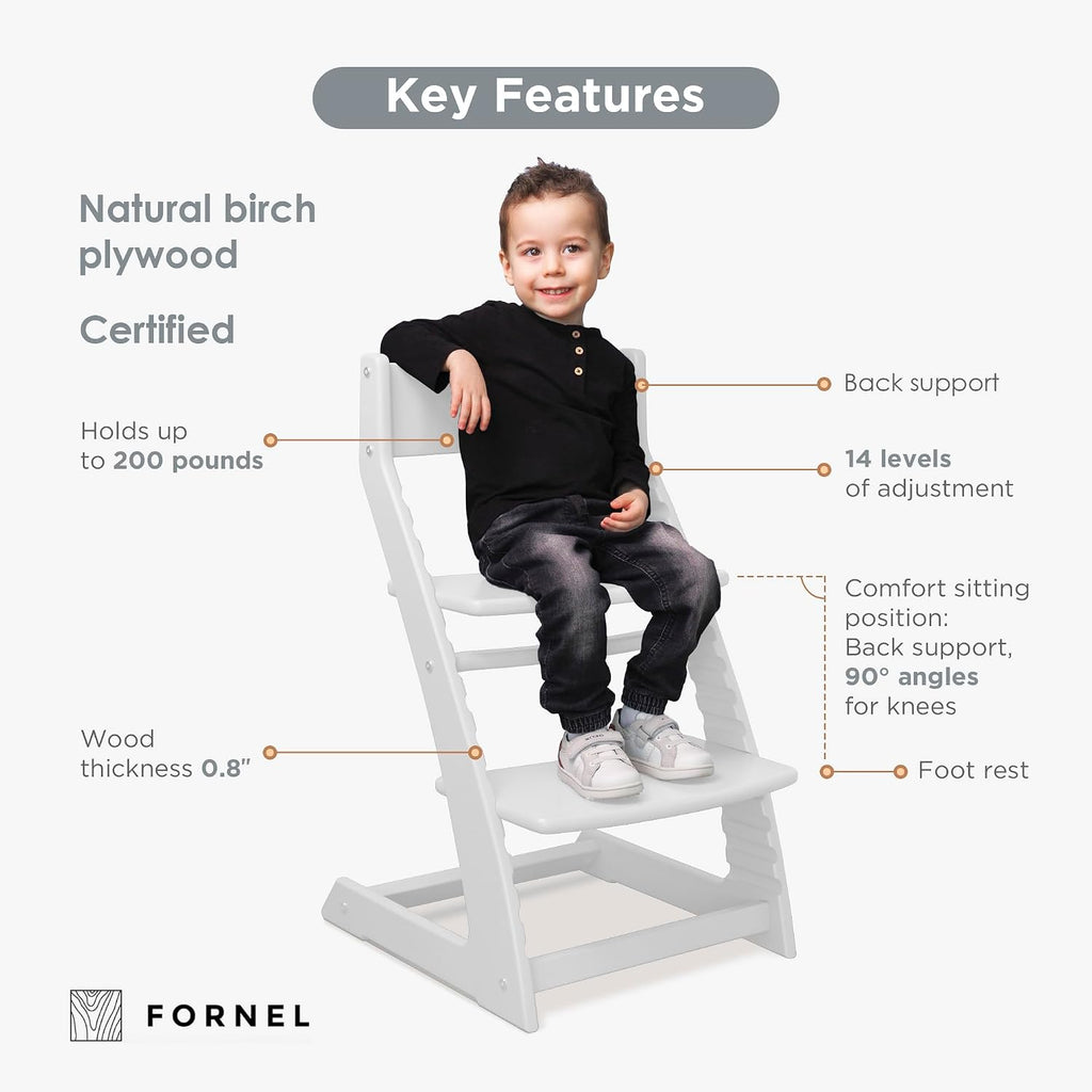 FORNEL Modern White Wooden High Chair | The Forever Chair that Grows from Toddler to Adult (200 lb) | Sleek, Easy-to-Clean Scandinavian Design