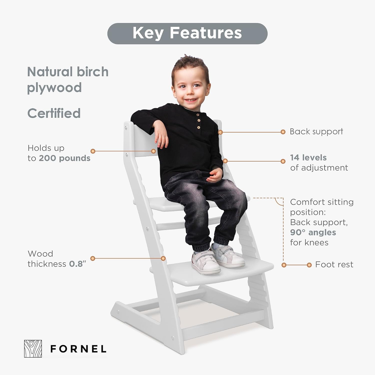 FORNEL Modern White Wooden High Chair | The Forever Chair that Grows from Toddler to Adult (200 lb) | Sleek, Easy-to-Clean Scandinavian Design