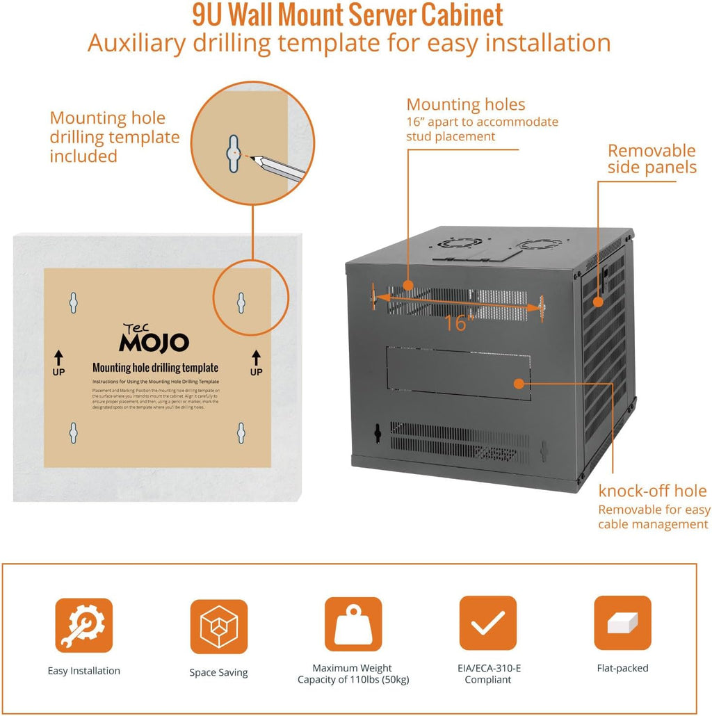 Tecmojo 9U Wall Mount Rack Network Cabinet for 19' IT Equipment,with Lockable Mesh Door and Side Panels,Cooling Fan,17.7inch Depth,Black