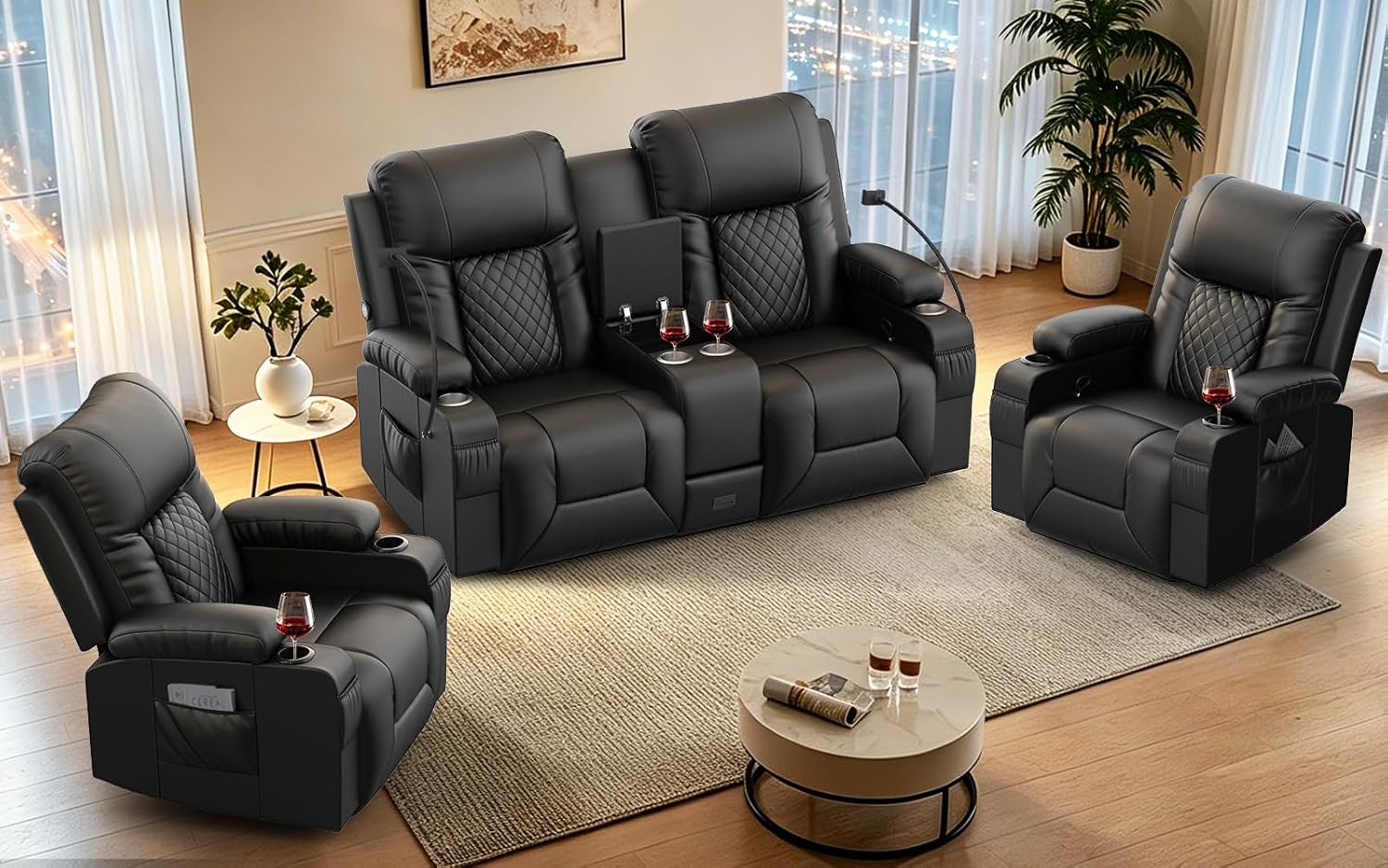 Recliner Sofa Set, Loveseat Recliner Couch and 2 PCS Recliner Chair with Heat & Massage, Home Theater Seating with Console, Drawer, USB Ports & Phone Holders, Reclining Loveseat for Theater
