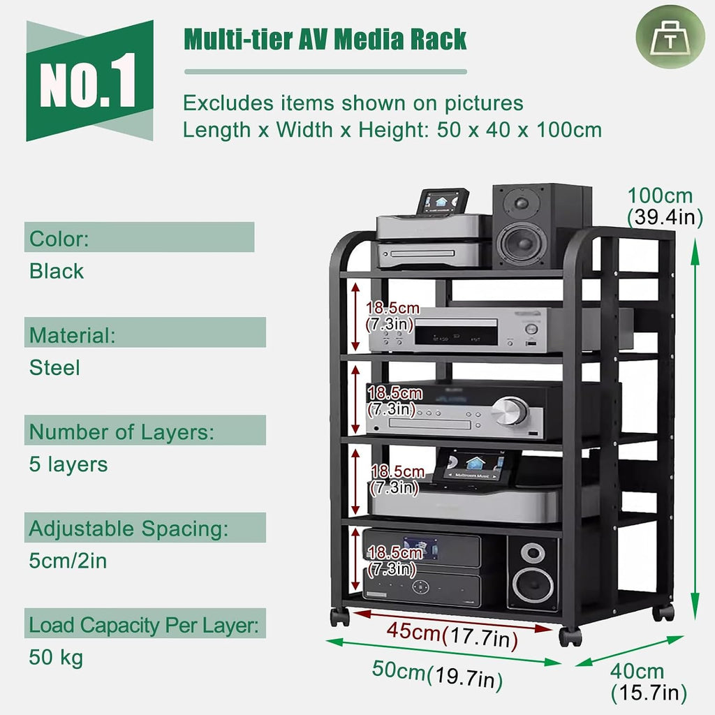 2 3 4 5 Tier Audio Equipment Rack Cabinet for Headphones Monitors Recording Video Game/DVD Shelf Stand Storage Shelf - Record Player Console Cabinet Vintage(5 Tier-H100cm)
