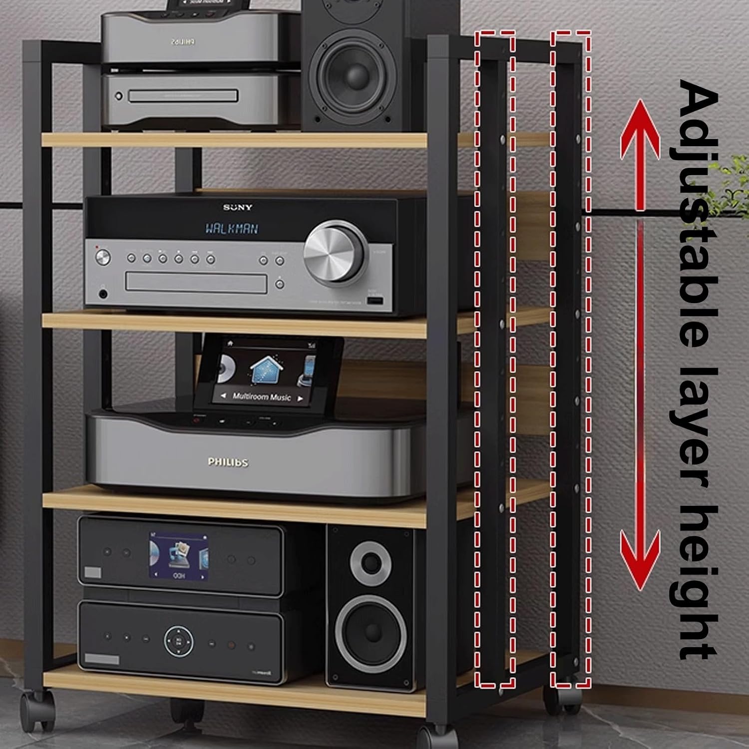 Audio Storage Rack, Audio Rack Stand, Audio Rack Tower, Rack Audio Tower Modern with Universal Wheels for Audio Equipments 50 * 40 * 100cm 3 Colors(Brown+Black,4 Layer)