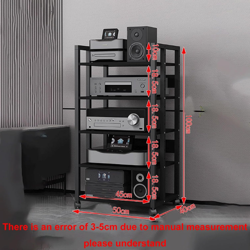 Audio Storage Rack, Audio Rack Stand, Audio Rack Tower, Rack Audio Tower Modern with Universal Wheels for Audio Equipments 50 * 40 * 100cm 3 Colors(Black+Black,5 Layer)