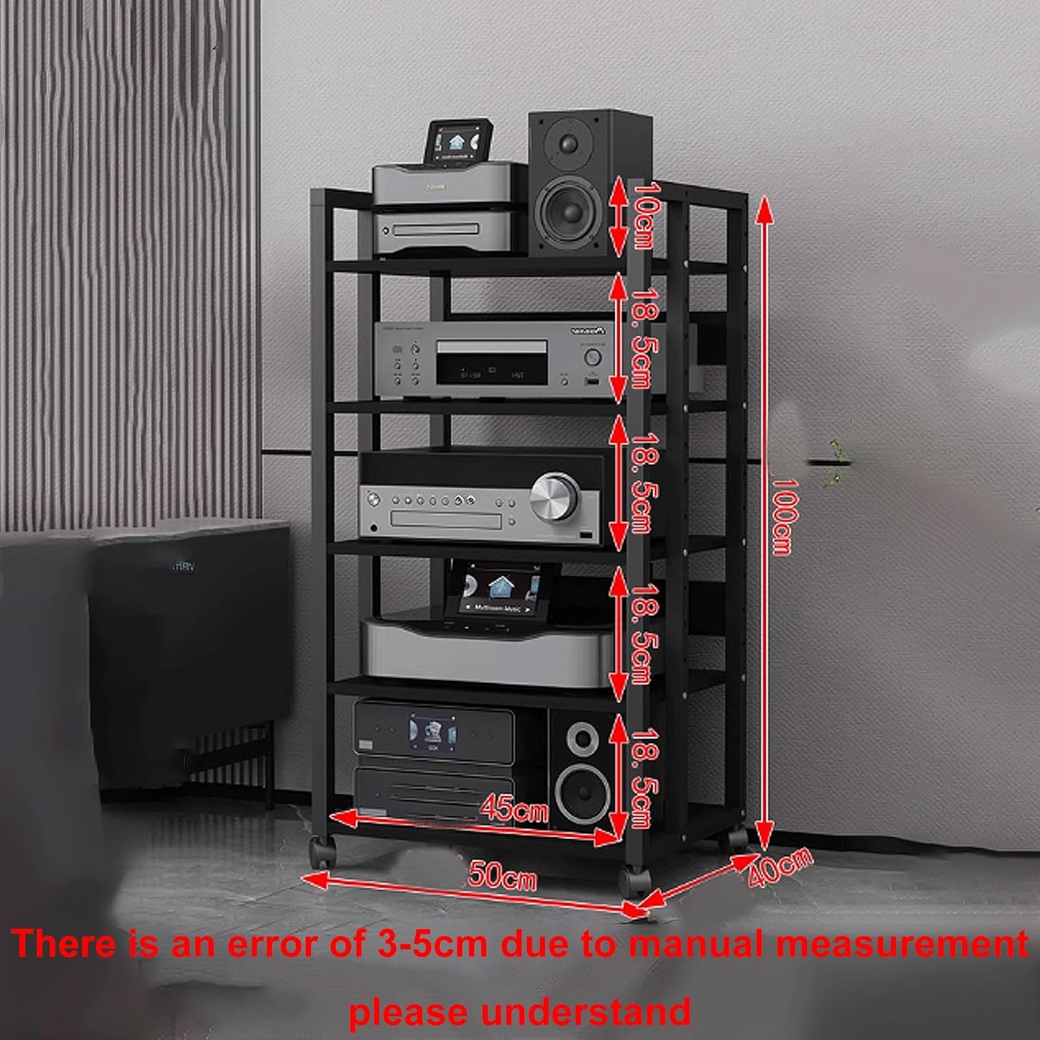 Audio Storage Rack, Audio Rack Stand, Audio Rack Tower, Rack Audio Tower Modern with Universal Wheels for Audio Equipments 50 * 40 * 100cm 3 Colors(Black+Black,5 Layer)
