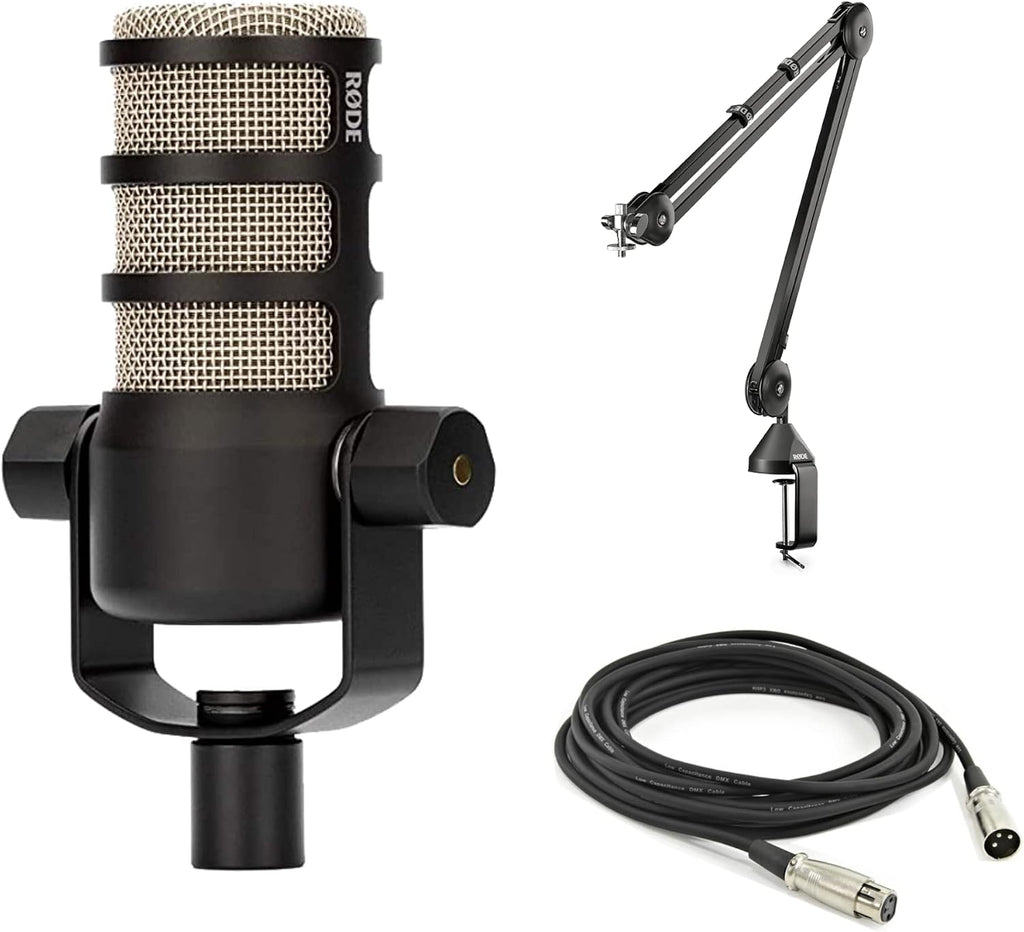 Rode PodMic Dynamic Podcast Microphone with Rode PSA1 Boom Arm, XLR Cable and StreamEye Polishing Cloth