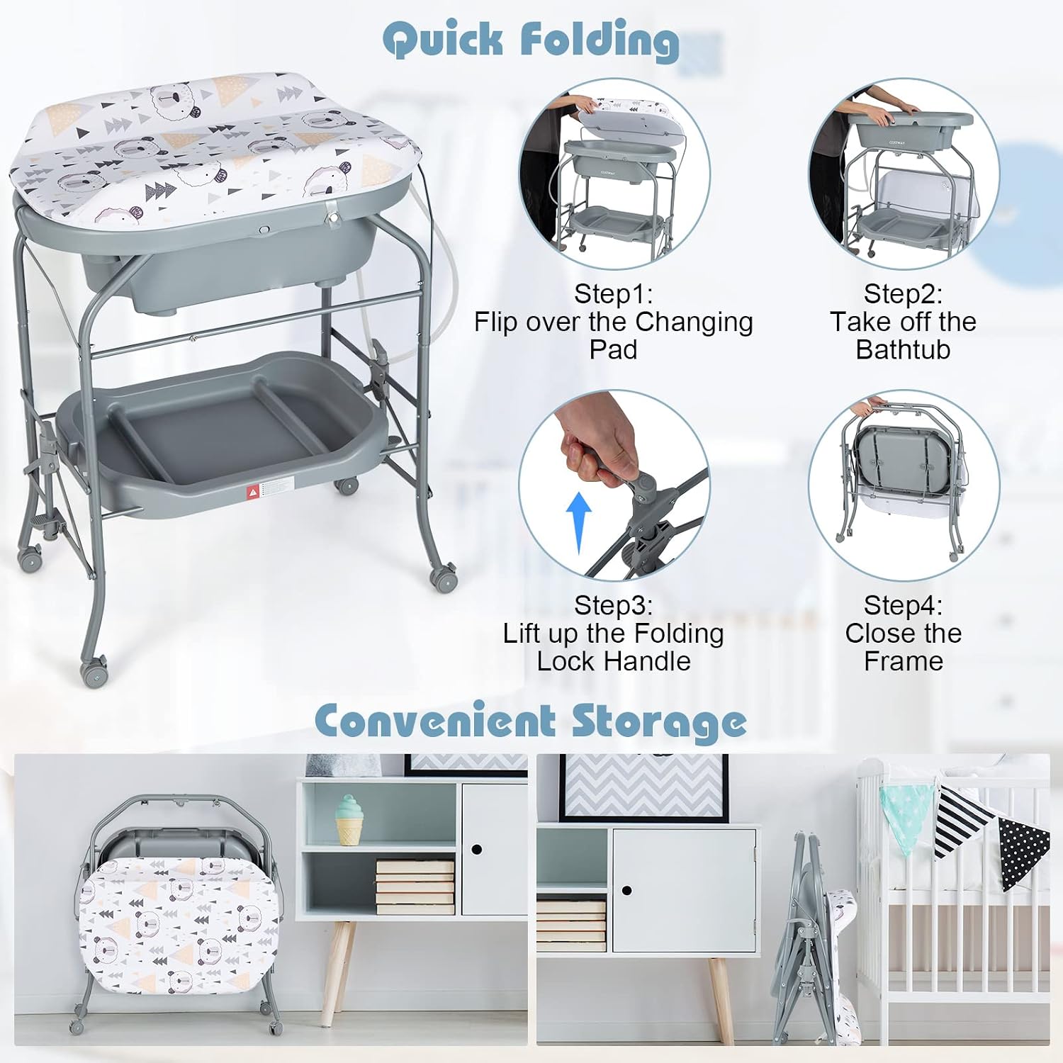 HONEY JOY 2-in-1 Baby Bathtub & Changing Table, Foldable Infant Diaper Changing Station with Wheels, Storage Tray, Waterproof Pad, Portable Newborn Nursery Organizer Bath Stand for Boys Girls (Gray)