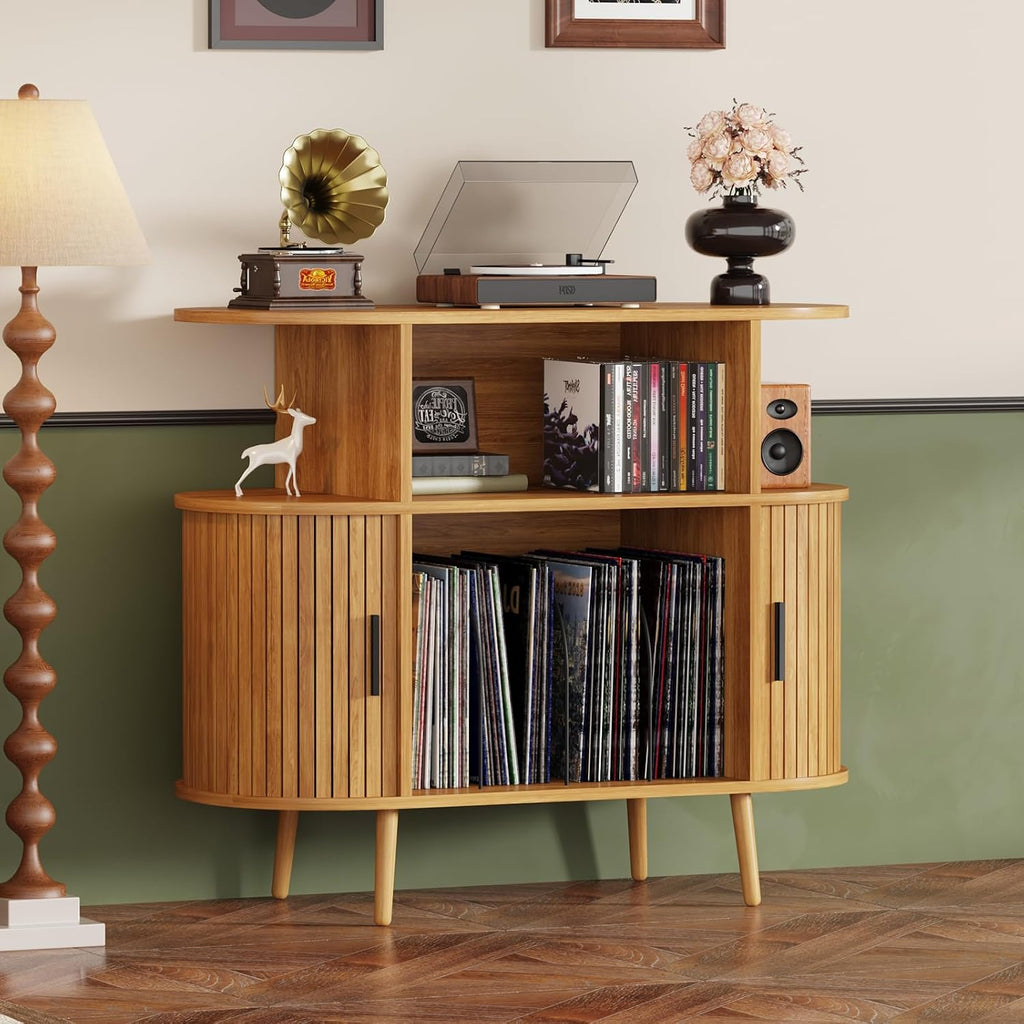 35.4' Record Player Stand with Storage - Vinyl Record Storage Cabinet & Media Console Holds 300+ Records, Mid Century Modern Turntable Stand for Living Room (Natural, 35.4')