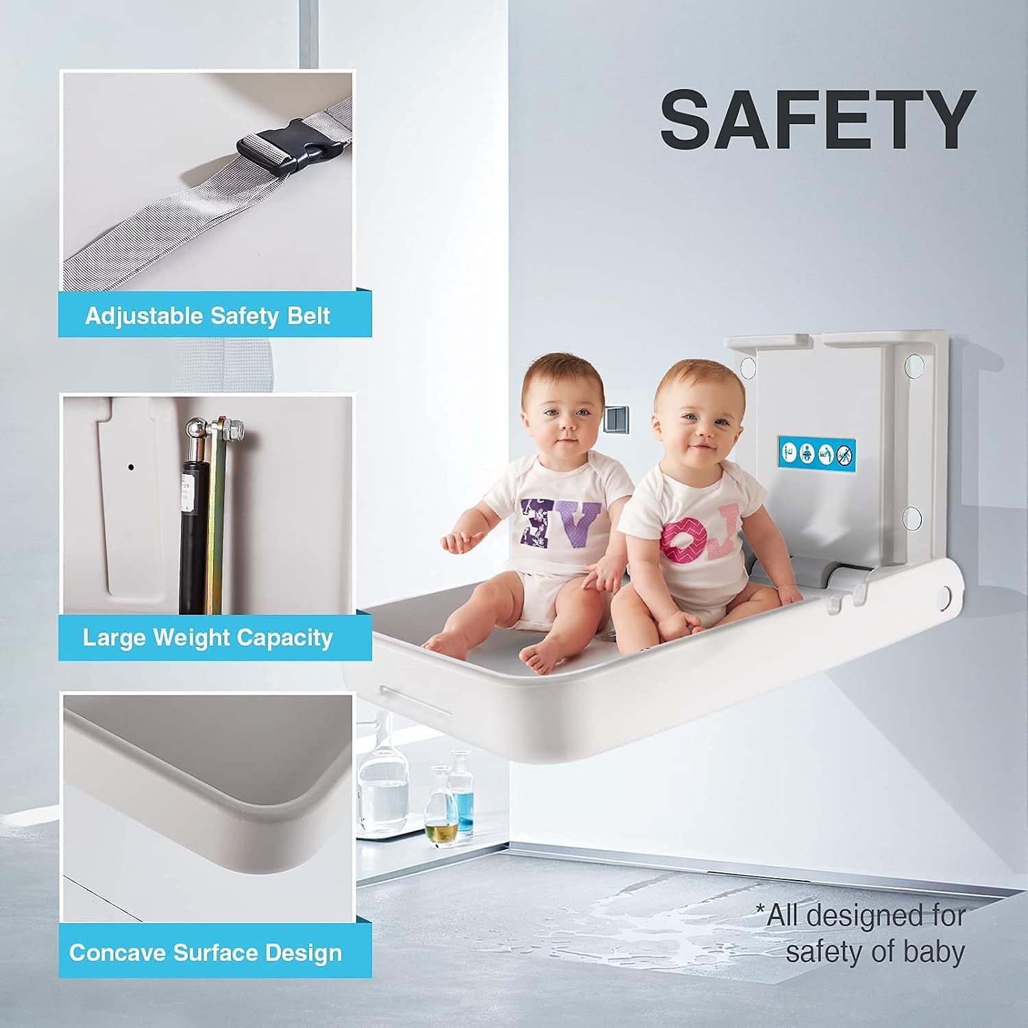 Baby Changing Station Wall Mounted, Baby Changing Table with Safrty Strap, HDPE Fold-Down Diaper Changing Station Table, Foldable Diaper Changing Unit for Commercial Bathroom Restroom