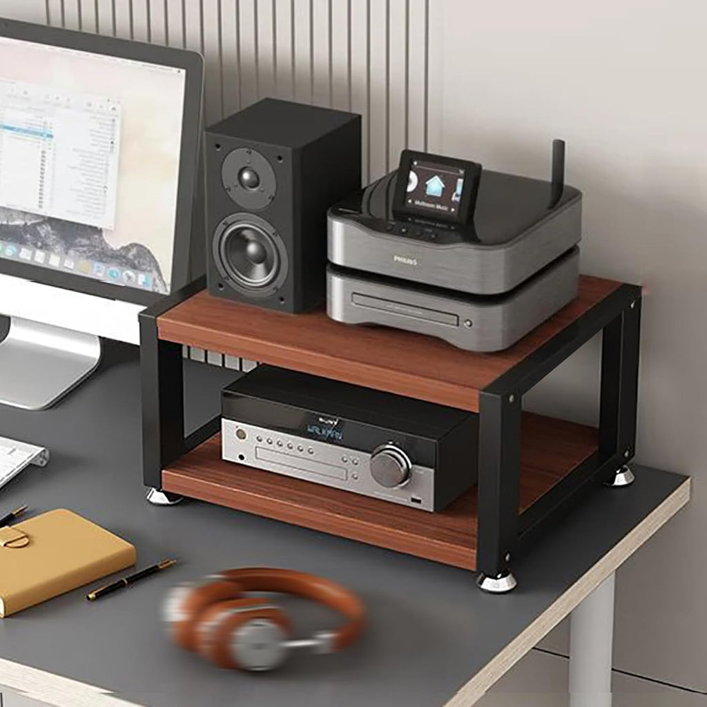 Movable AV Media Stand with Wooden Shelf - 2-Tier Corner Stereo Cabinet for Video & Audio Equipment, Portable Storage Rack for Computer Desk, Walnut Finish, W 17.7'