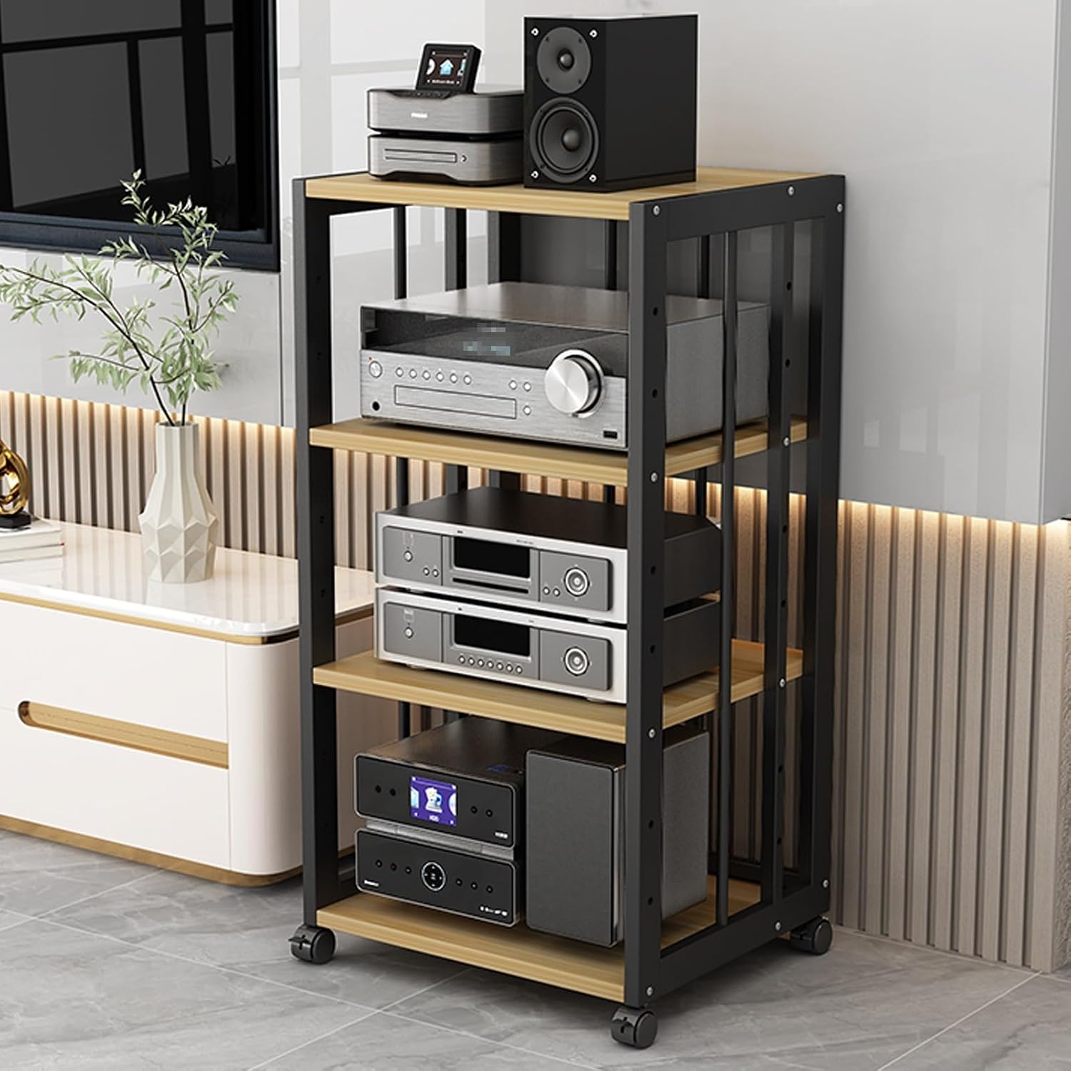 AV Component Media Stand - 4-Tier Media Storage Cabinet with Adjustable Shelves, Movable Audio Rack, Sturdy Steel Frame, Holds 200kg, Black & Natural Finish (50x40x89cm)