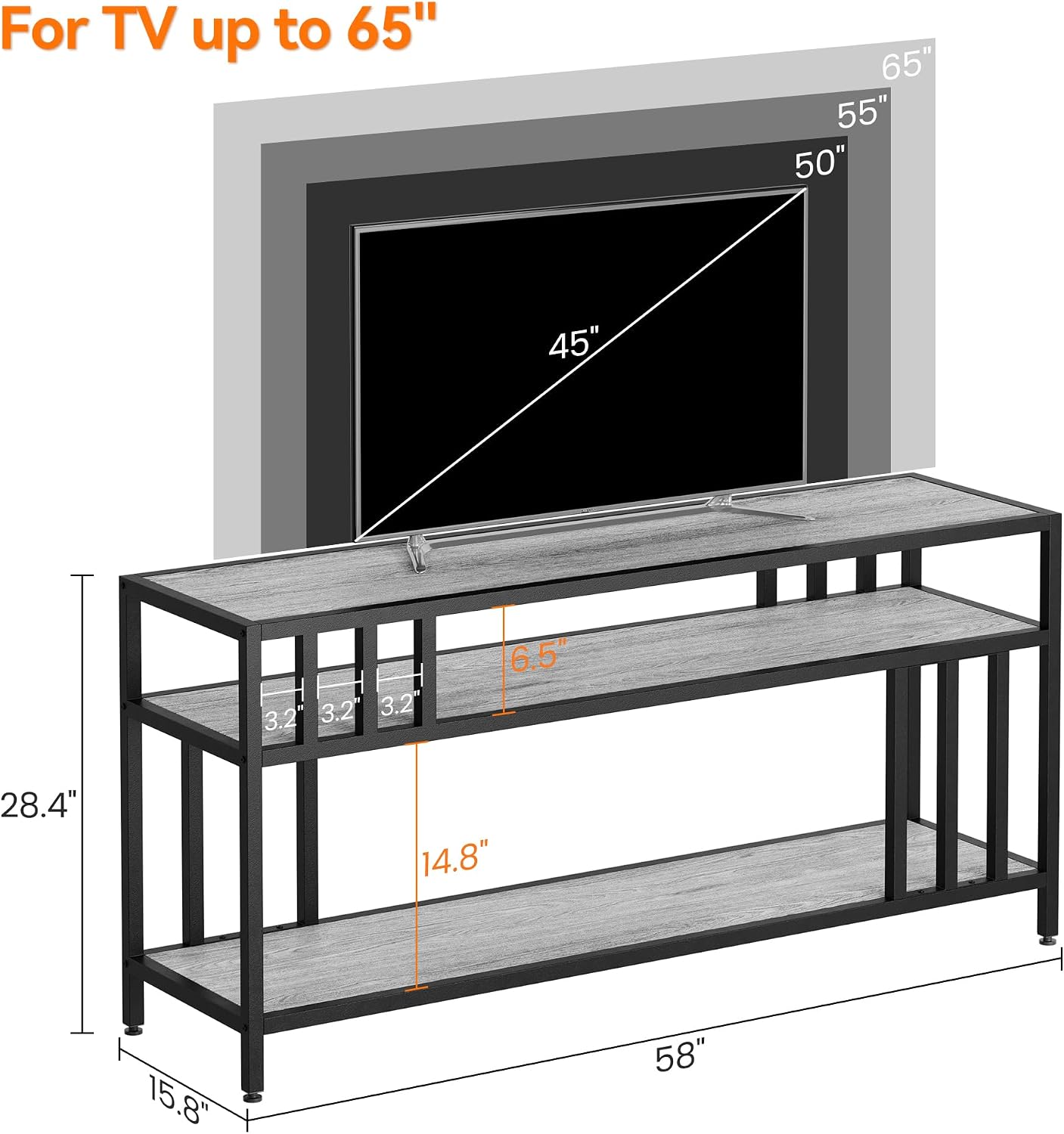 GarveeHome 58 in TV Stand for TV up to 65 in, Entertainment Center with Open Storage Shelves, TV Media Console Table with Quadruple-Tube Support for Living Room, Bedroom - 58 in Grey