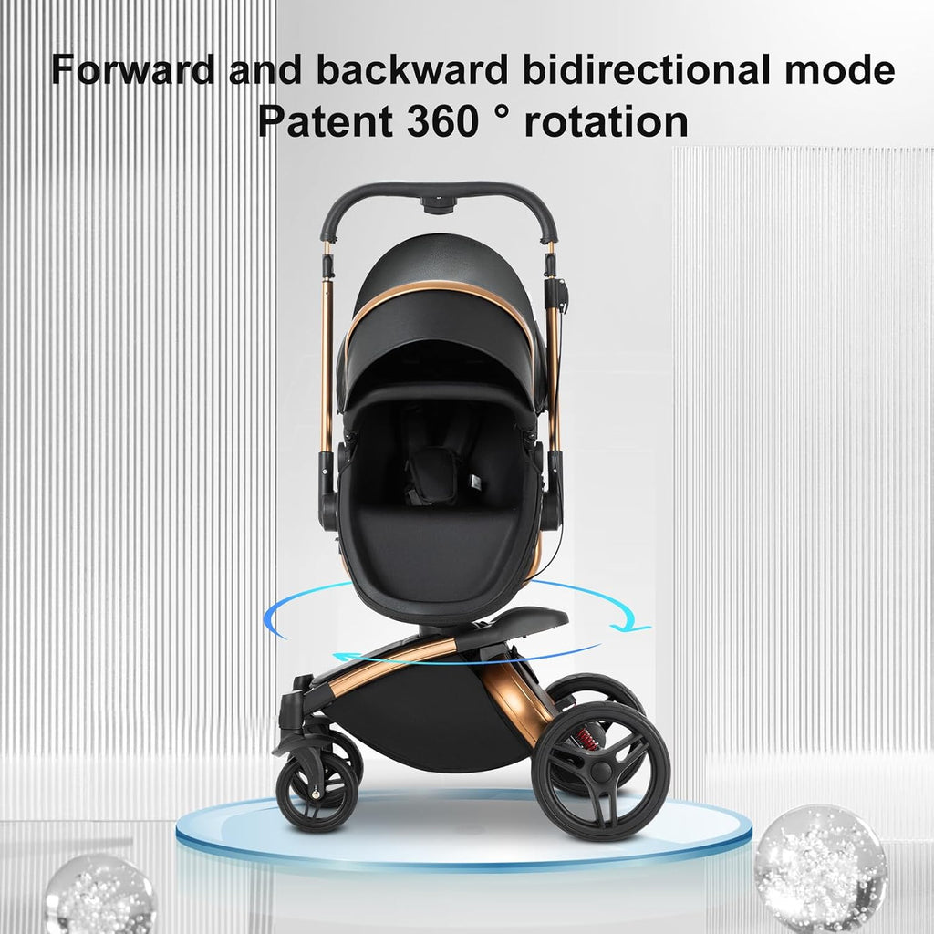 Nine point nine PU Leather 2 in 1 Baby Stroller, Reversible Convertible Infant Stroller of One-Click Folding, Newborn Travel Strollers Toddler Pram Carriage (HR002-Black)