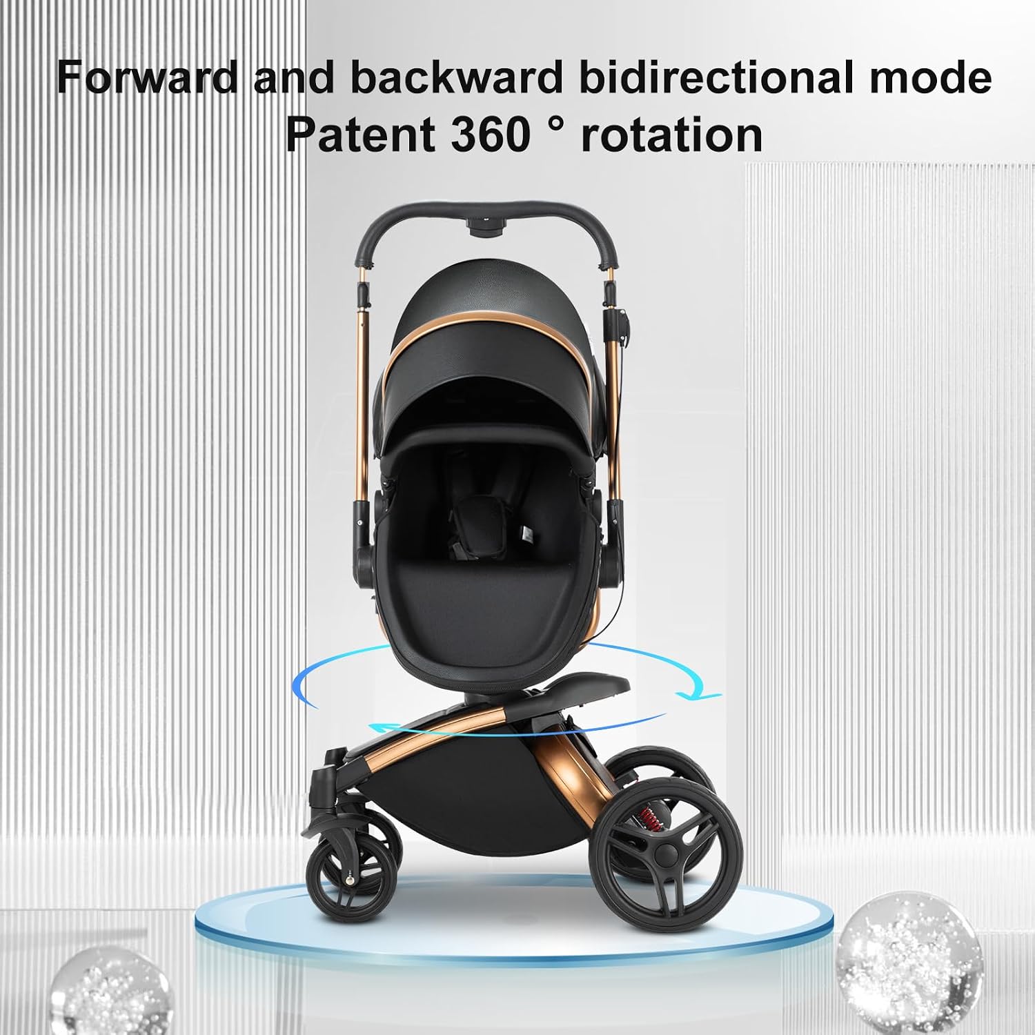 PU Leather 2 in 1 Baby Stroller with 360° Rotatable Seat, Convertible Reversible Standard Baby Pram Portable Pushchair Infant Carriage Foldable High Landscape Pram for Toddler Newborn (HR002-Black)
