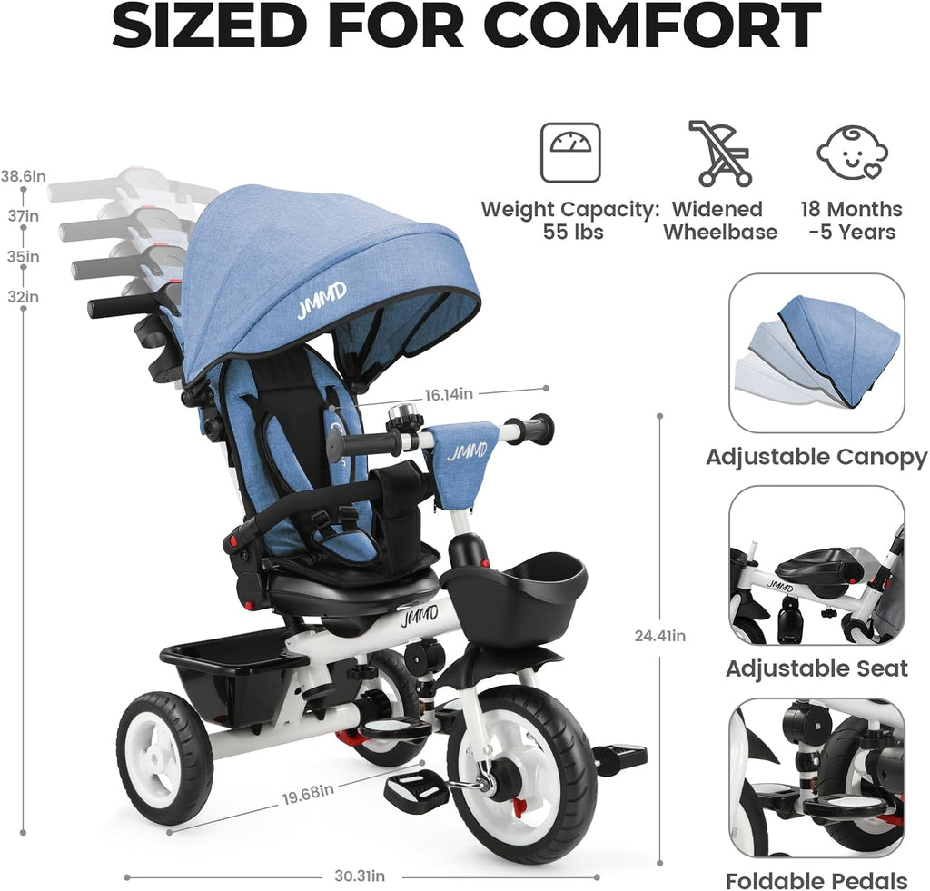 JMMD 7 in 1 Tricycle Stroller with Push Handle, Baby Trike with 360° Swivel Seat, Reclining Backrest, All-Terrain Wheels, Dual Brakes, Canopy & Storage, Gift for Kids 18 Months to 5 Years, Blue