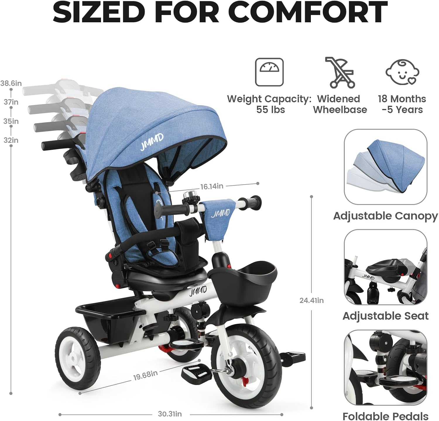 JMMD 7 in 1 Tricycle Stroller with Push Handle, Baby Trike with 360° Swivel Seat, Reclining Backrest, All-Terrain Wheels, Dual Brakes, Canopy & Storage, Gift for Kids 18 Months to 5 Years, Blue