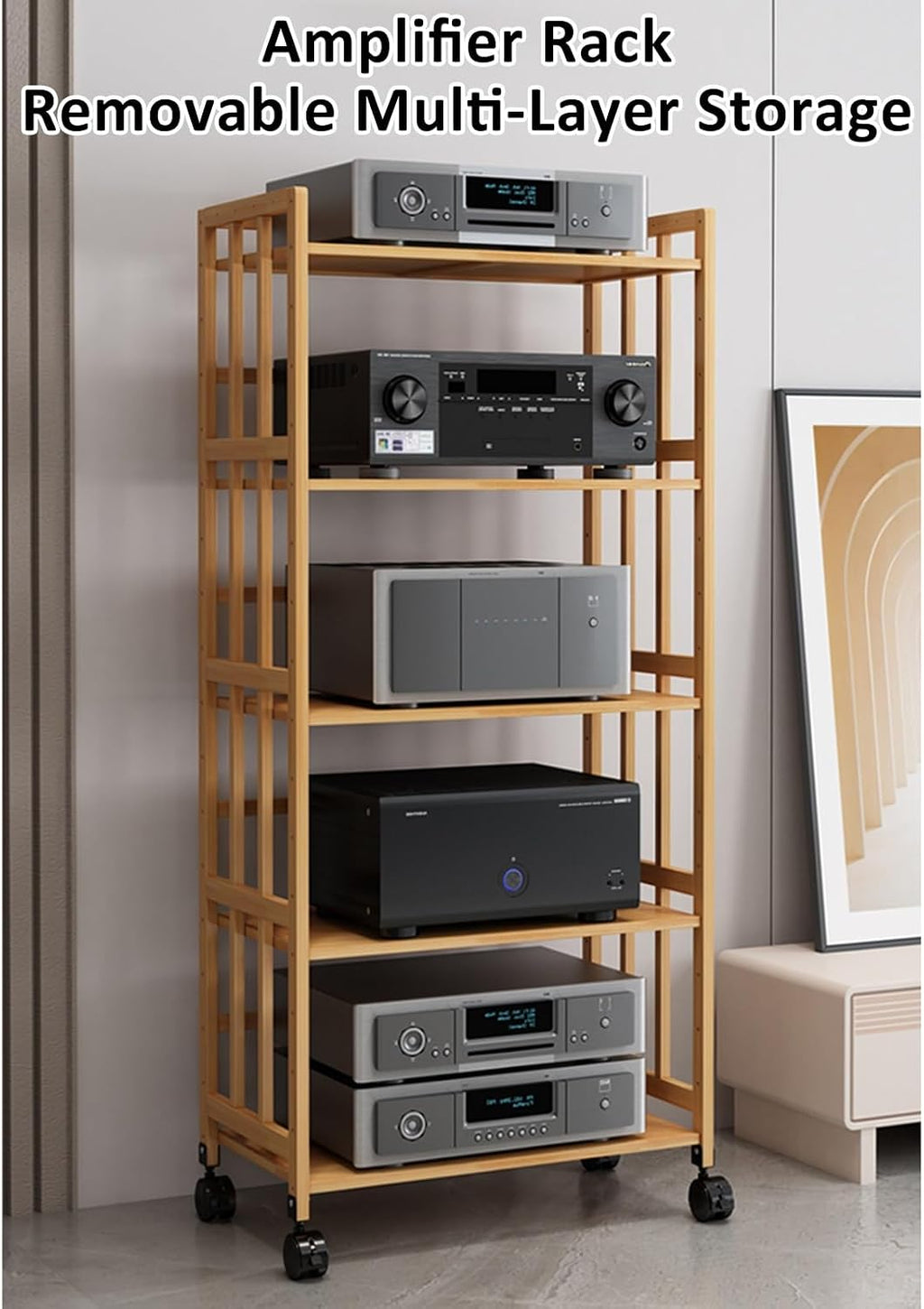 Adjustable Height Side Table Turntable Shelf TV Rack HiFi Audio Cabinet Multifunctional Storage Rolling Trolley Wood for Office and Study (50 x 38 x 53 cm)